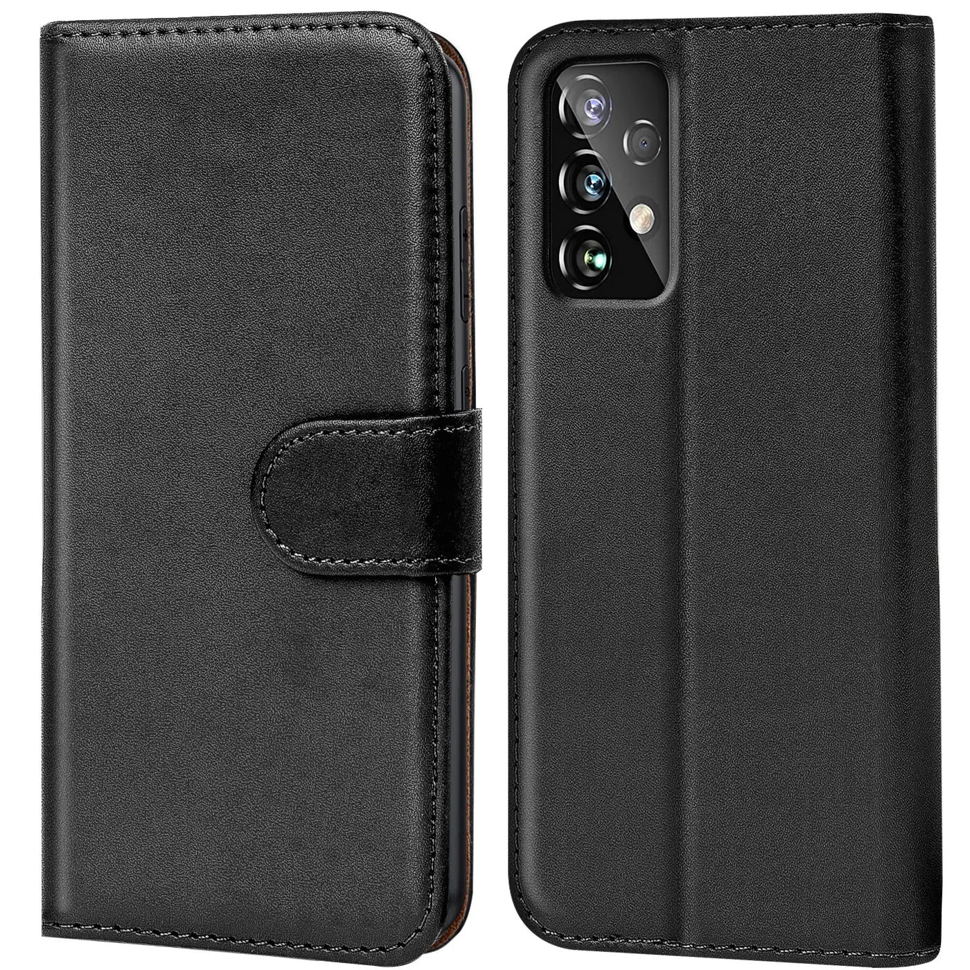 Schwarze Leder-Klapphülle, Vorder- und Rückansicht, mit Samsung Galaxy A33 5G
