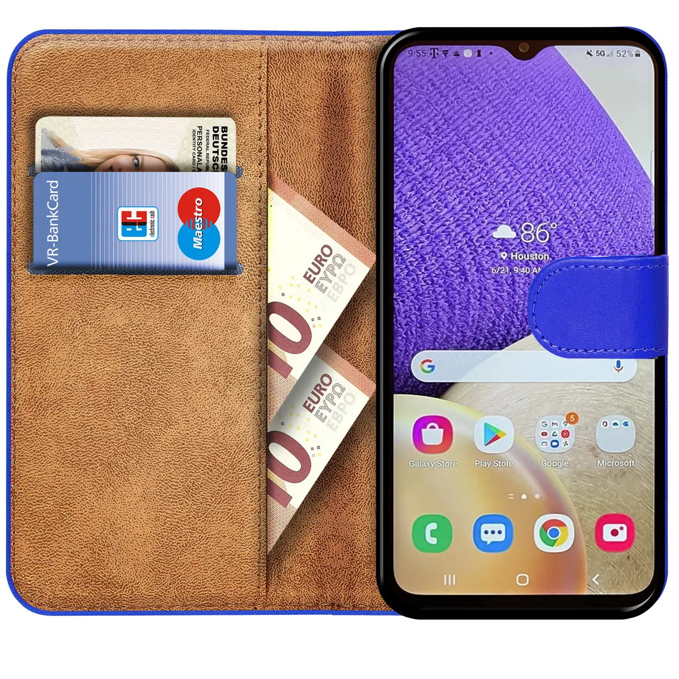 Blaue Kunstleder-Klapphülle mit Kartenfächern und Geldscheinen, zeigt Samsung Galaxy A34 5G.