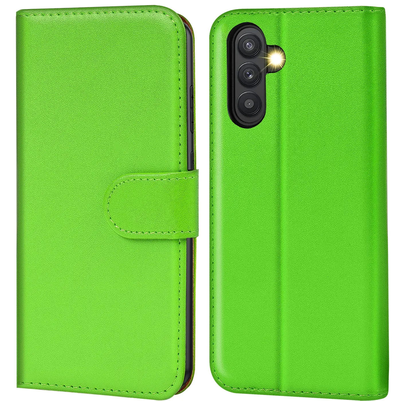 Grüne Kunstleder-Klapphülle mit Kartenfächern, Vorder- und Rückansicht, Samsung Galaxy A34 5G