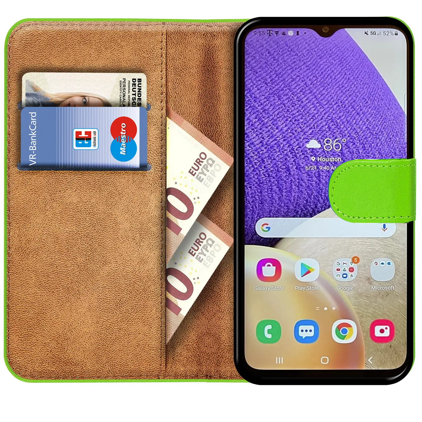 Grüne Kunstleder-Klapphülle mit Kartenfächern, zeigt Samsung Galaxy A34 5G.