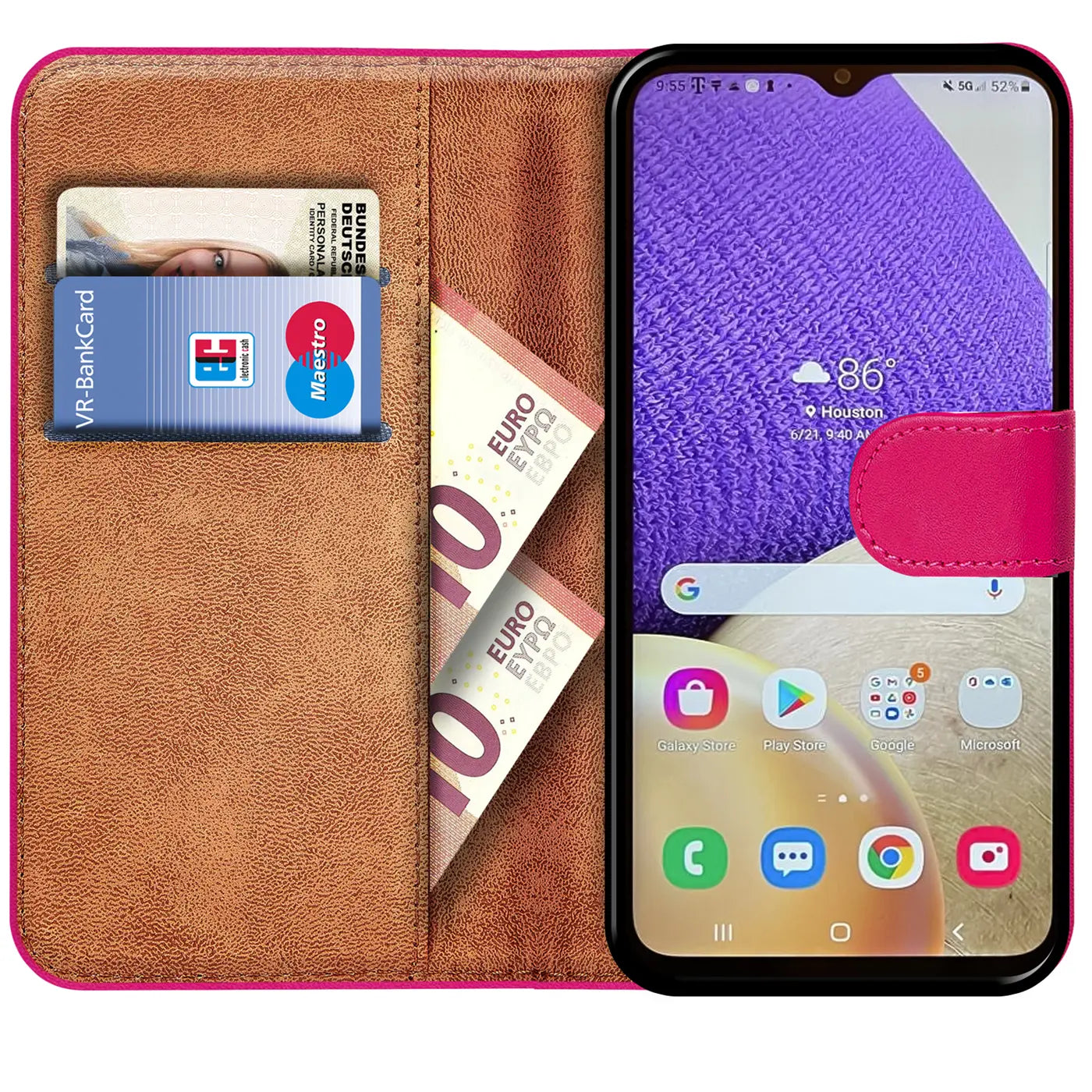 Pink Kunstleder-Klapphülle mit Kartenfächern und Samsung Galaxy A34 5G, von vorne