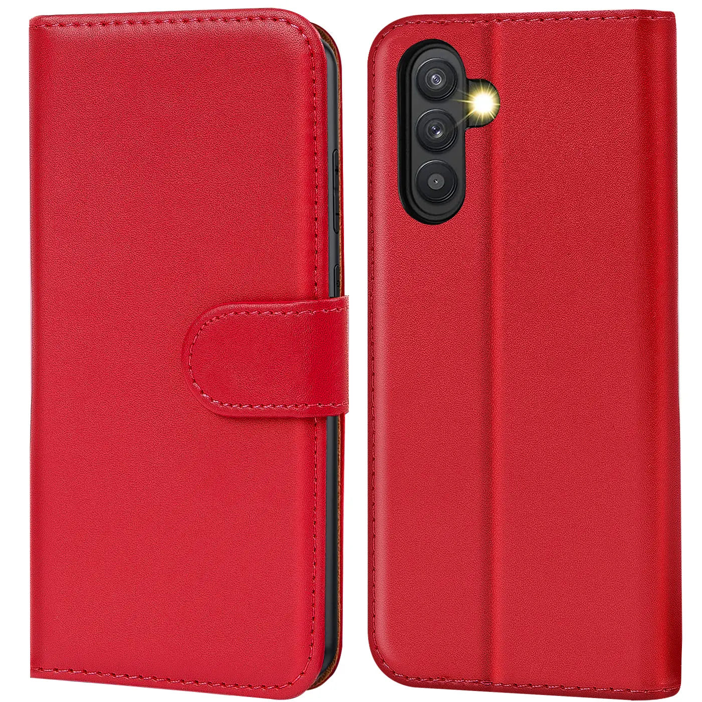 Rote Leder-Klapphülle mit Kartenfächern, Vorder- und Rückansicht eines Samsung Galaxy A34 5G.
