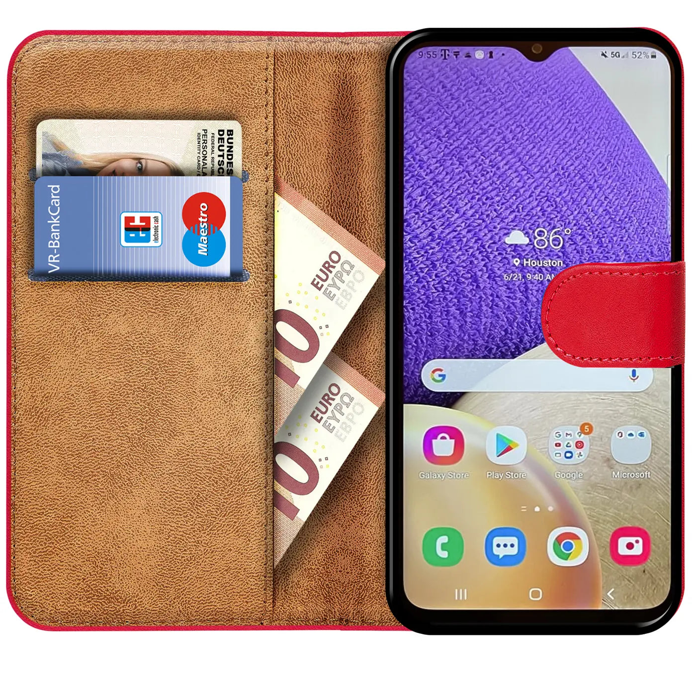 Rote Klapphülle aus Leder mit Kartenfächern, zeigt Samsung Galaxy A34 5G.