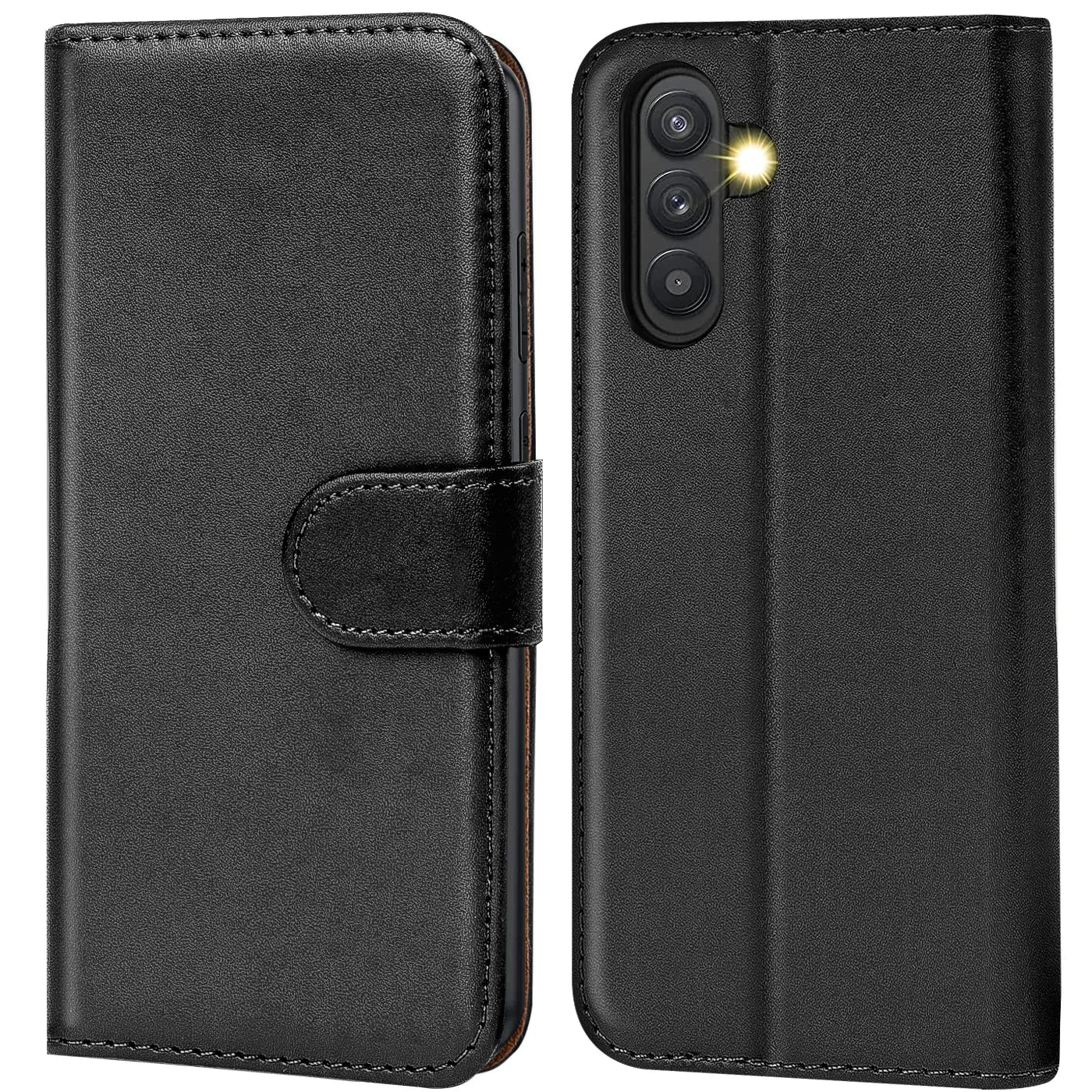 Schwarze Leder-Klapphülle, Vorder- und Rückansicht, zeigt Kamera des Samsung Galaxy A34 5G.