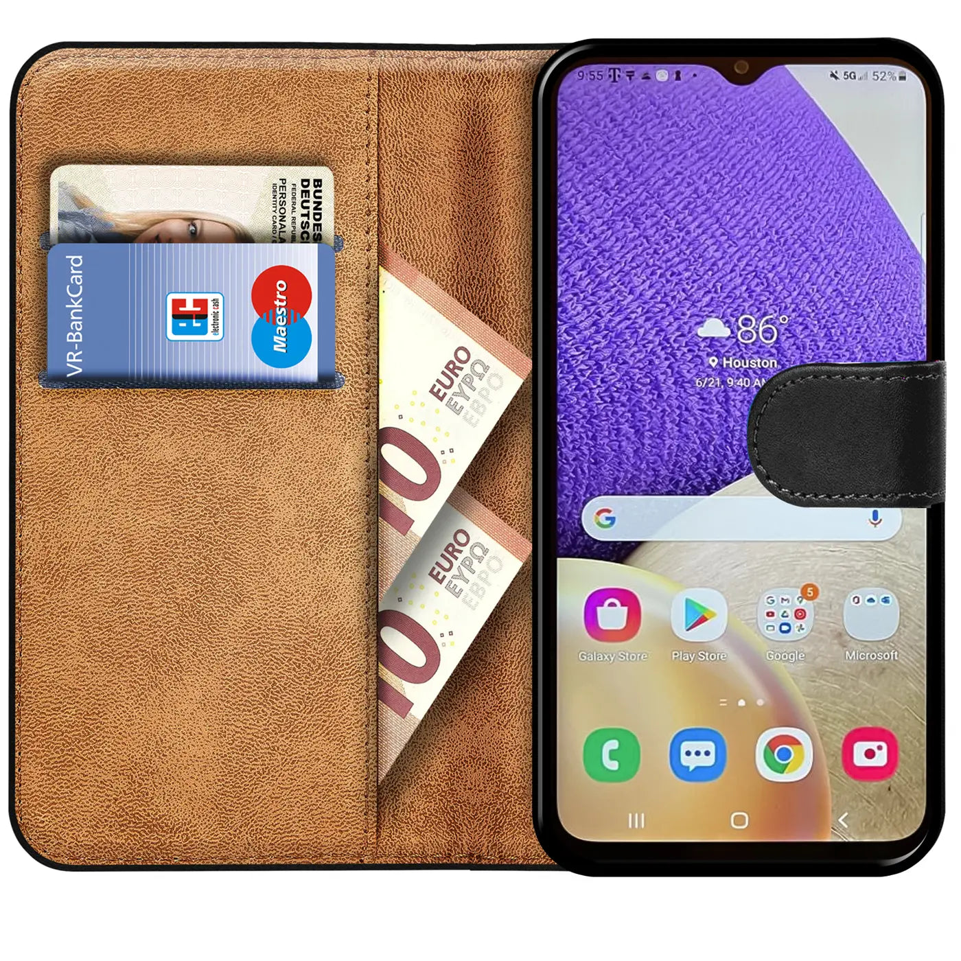 Braune Kunstleder-Klapphülle mit Kartenfächern und Samsung Galaxy A34 5G, von vorne