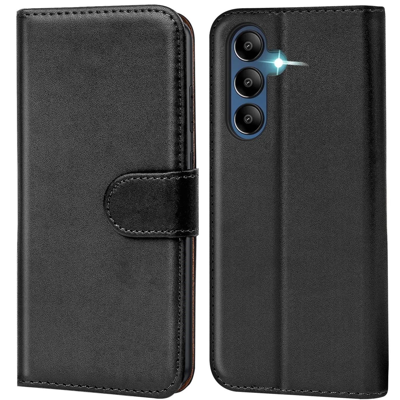 Schwarze Leder-Klapphülle mit Kartenfächern, Vorder- und Rückansicht, Samsung Galaxy A35 5G.