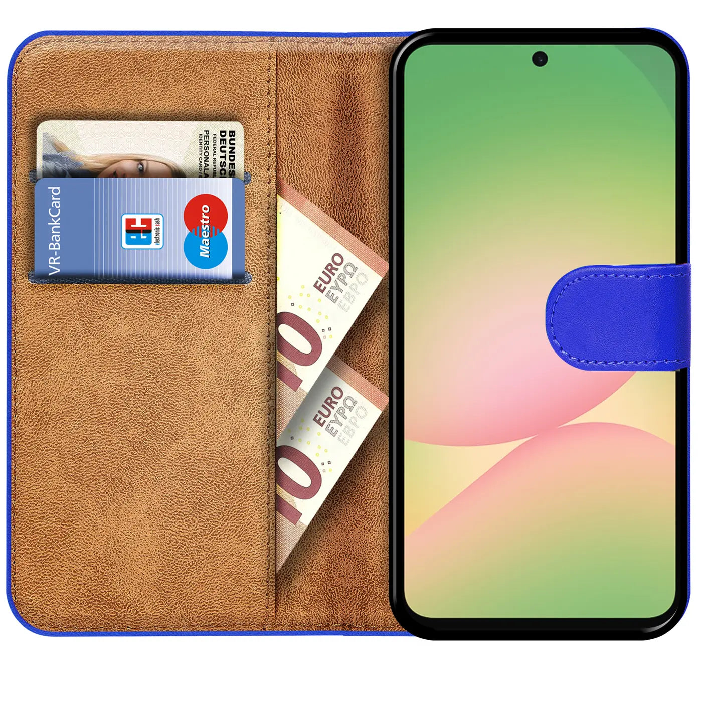 Blaue Klapphülle aus Kunstleder mit Kartenfächern und Geldscheinfach, zeigt Samsung Galaxy A37 5G.