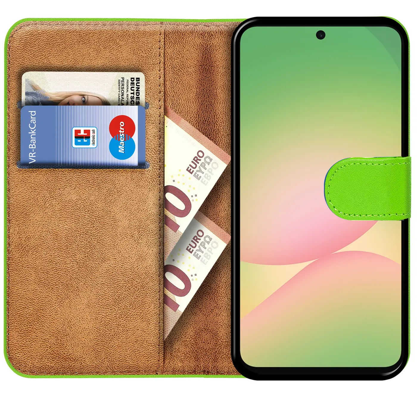 Grüne Kunstleder-Klapphülle mit Kartenfächern und Geldscheinfach, zeigt Samsung Galaxy A37 5G.