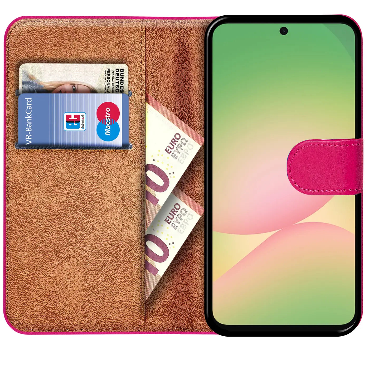 Pink Klapphülle aus Leder mit Kartenfächern und Euro-Scheinen, Samsung Galaxy A37 5G.