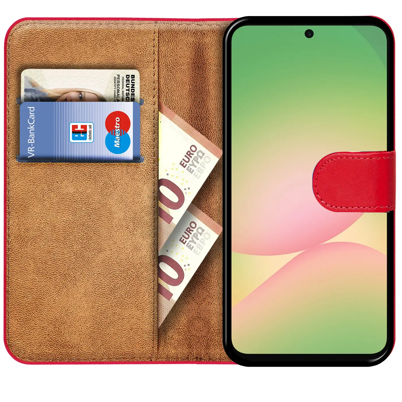 Rote Klapphülle aus Lederimitat mit Kartenfächern, zeigt Samsung Galaxy A37 5G.
