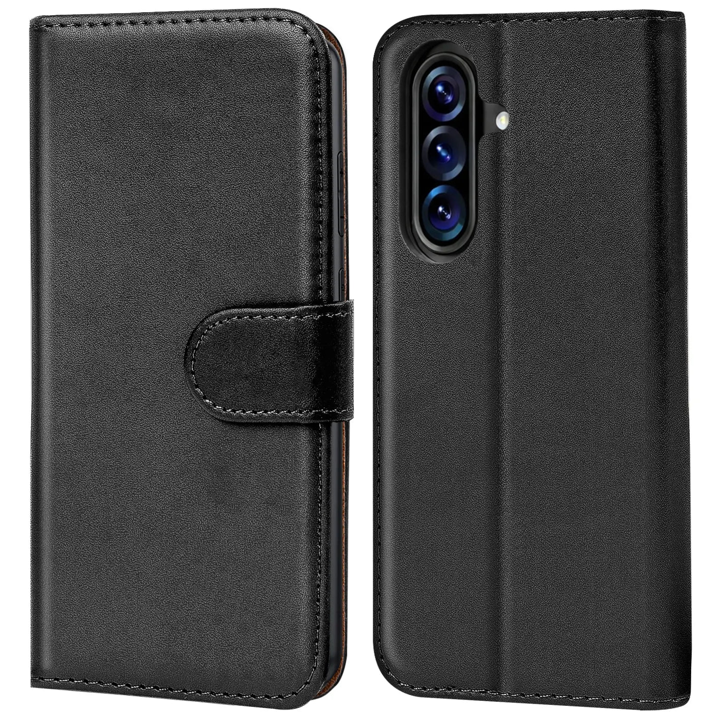 Schwarze Leder-Klapphülle mit Kartenfächern, Vorder- und Rückansicht, Samsung Galaxy A37 5G.