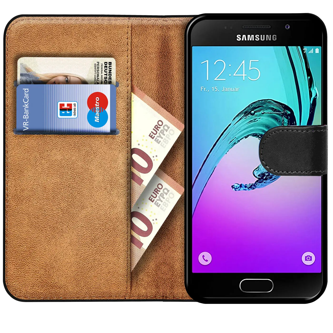 Braune Kunstleder-Klapphülle mit Kartenfächern, zeigt Samsung Galaxy A3 2016.