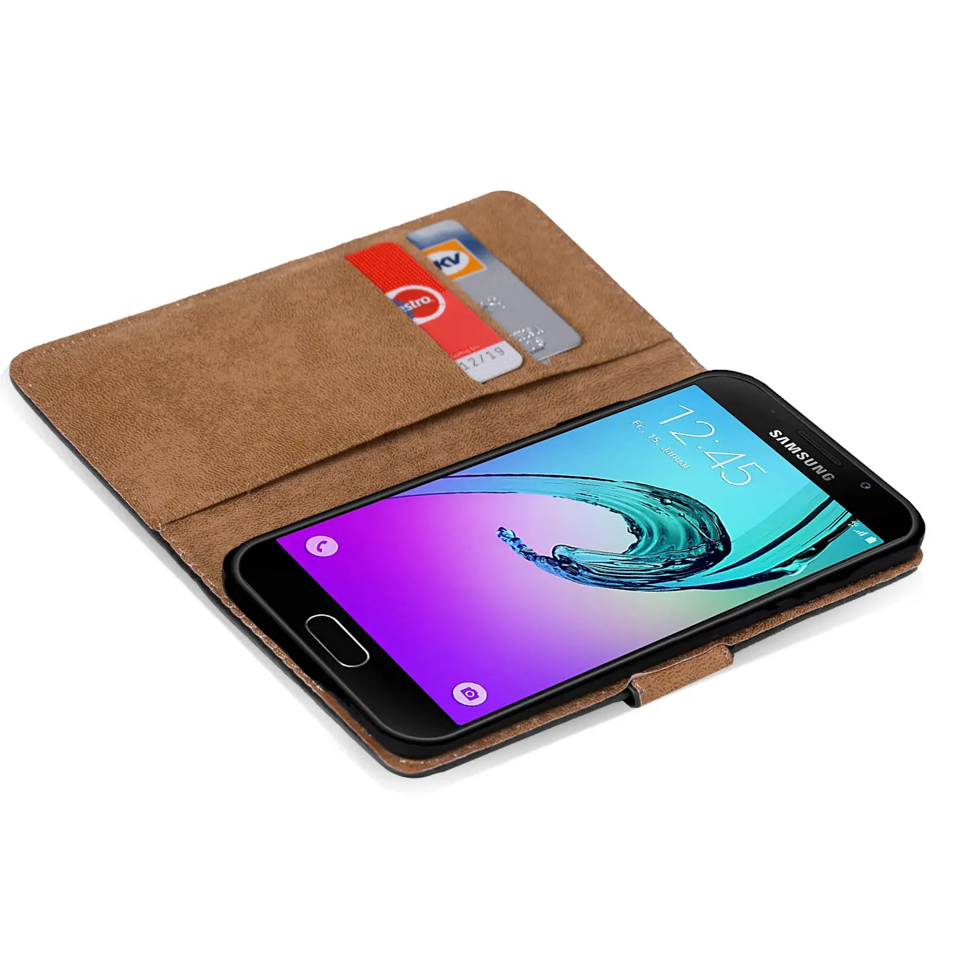 Braune Kunstleder-Klapphülle mit Kartenfächern, zeigt Samsung Galaxy A3 2016.