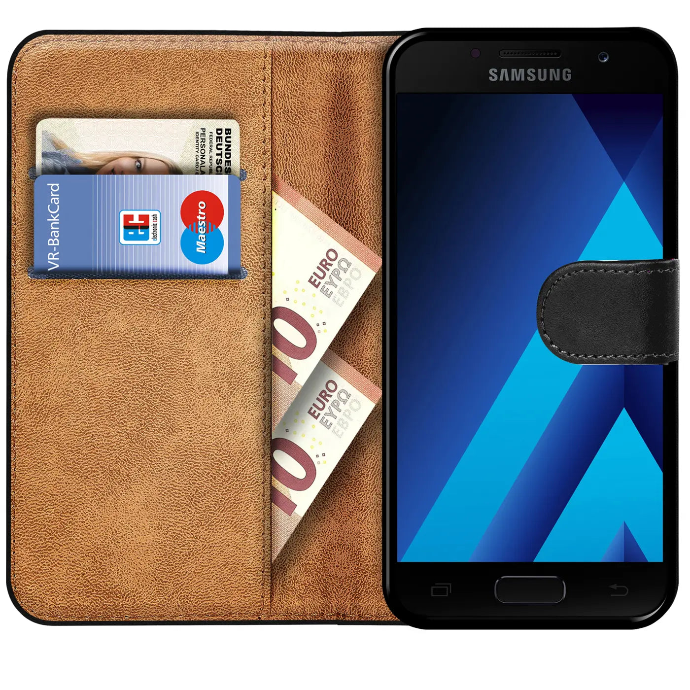 Braune Kunstleder-Klapphülle mit Kartenfächern und Geldscheinfach, zeigt Samsung Galaxy A3 2017.
