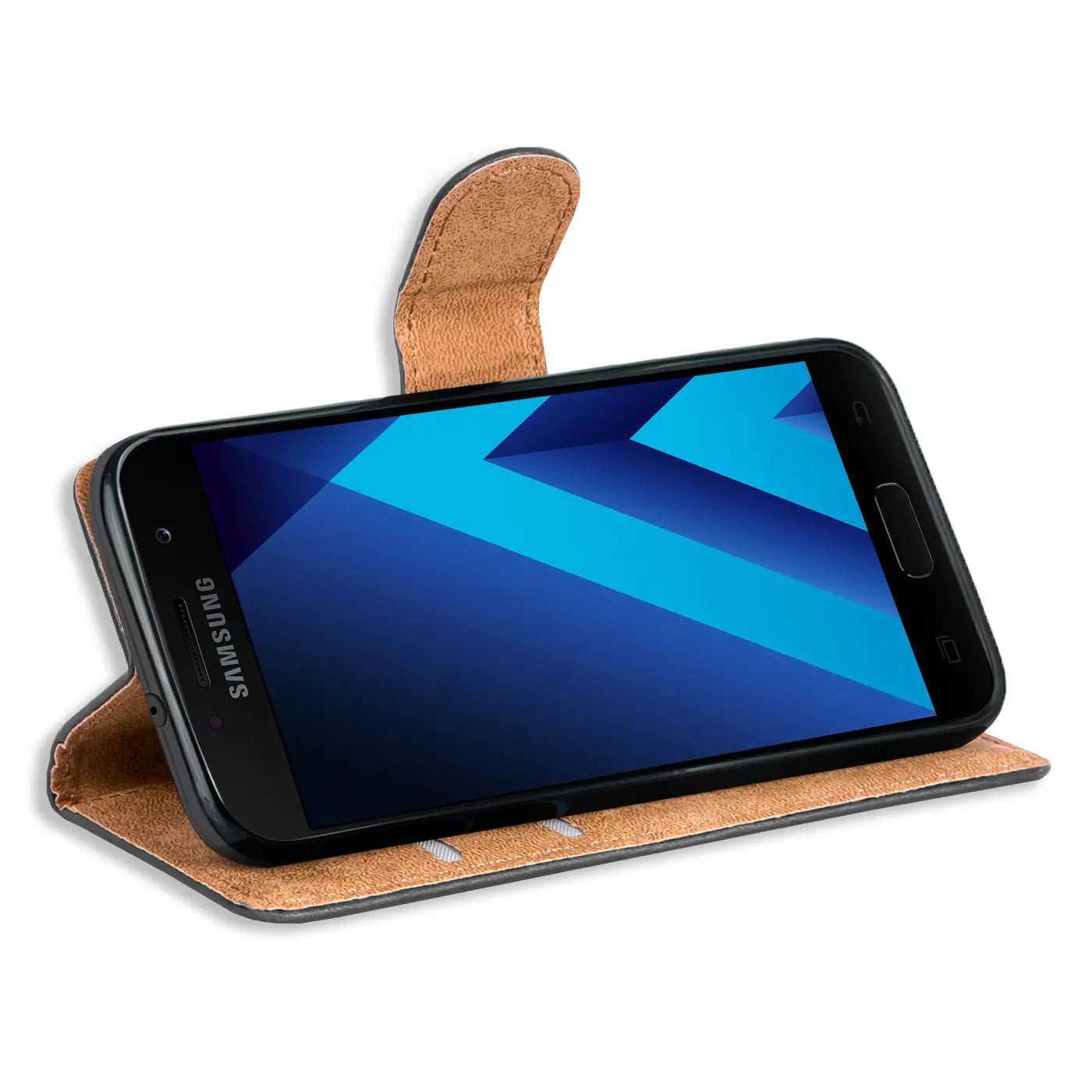 Braune Kunstleder-Klapphülle mit Samsung Galaxy A3 2017, von vorne schräg