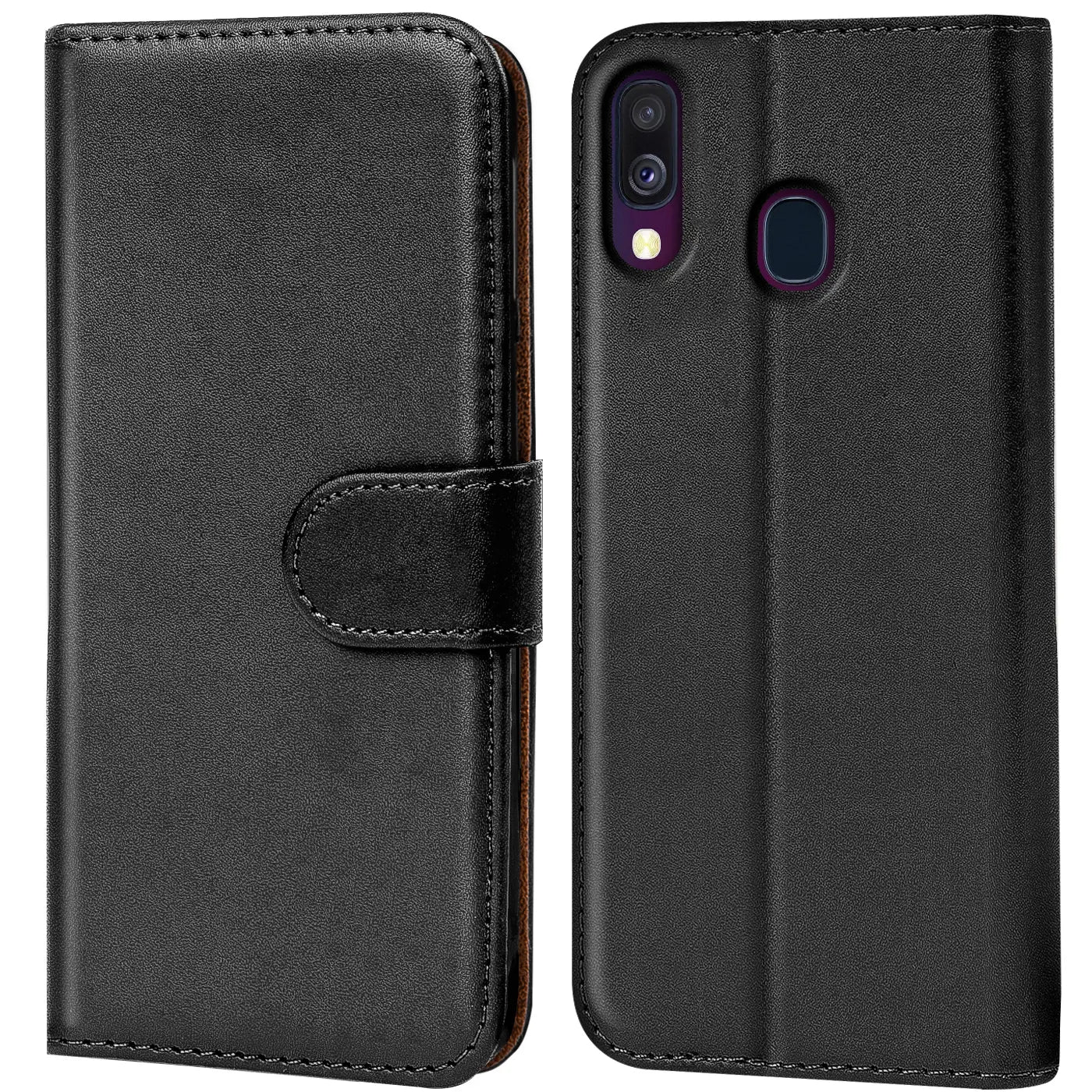 Schwarze Leder-Klapphülle mit Kartenfächern, Vorder- und Rückansicht, für Samsung Galaxy A40