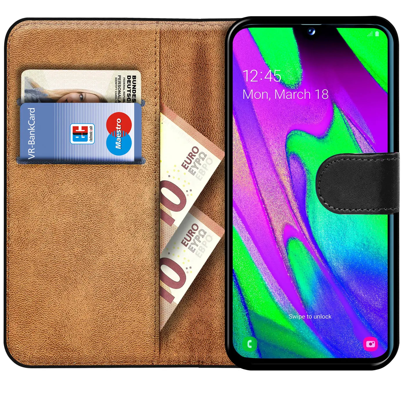 Braune Kunstleder-Klapphülle mit Kartenfächern, zeigt Samsung Galaxy A40.