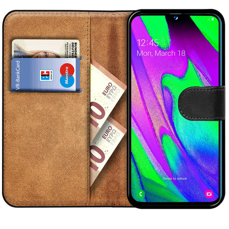 Samsung Galaxy A40 Klapphülle in Schwarz mit Kartenfächern und Schutz