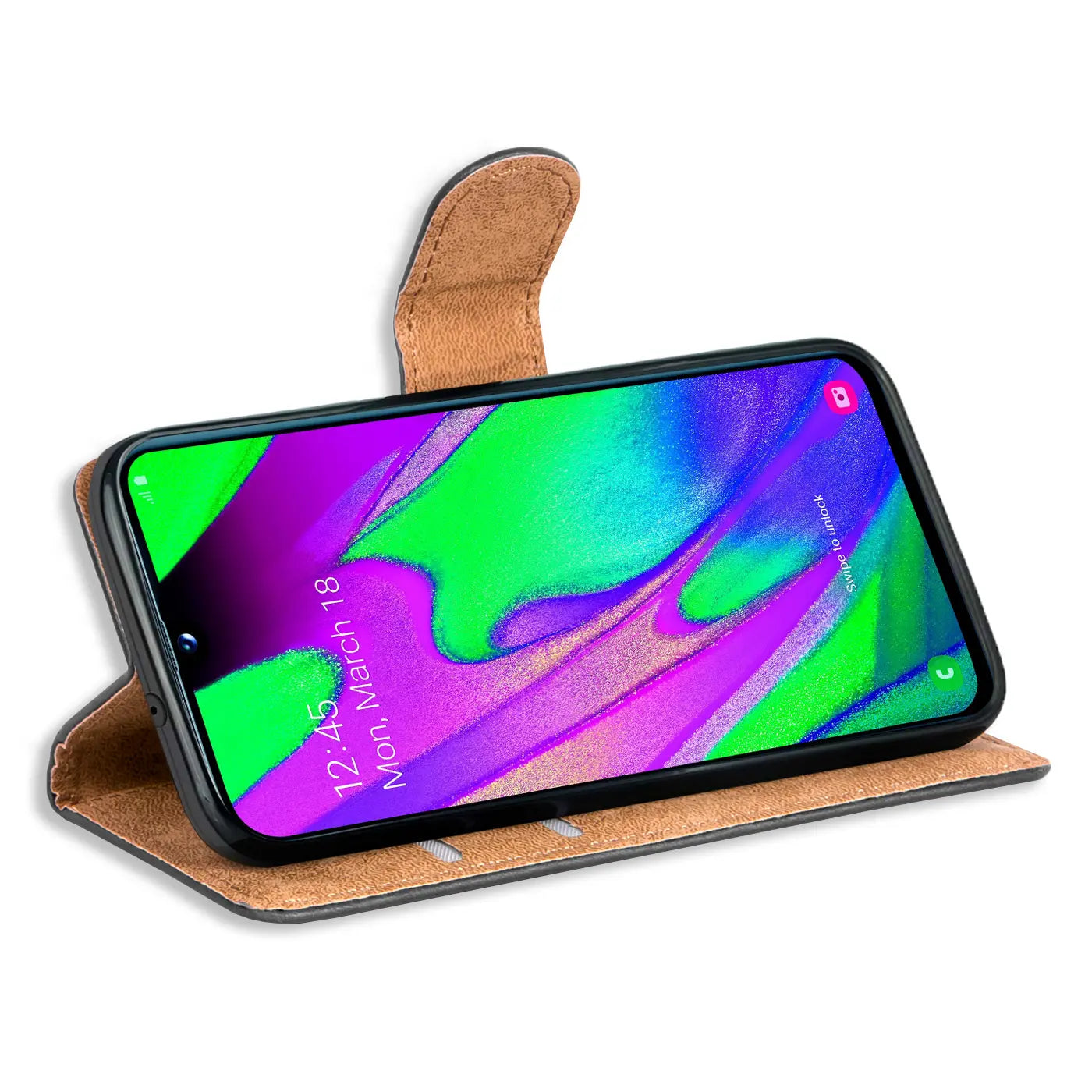 Braune Kunstleder-Klapphülle mit Kartenfächern für Samsung Galaxy A40, Seitenansicht.