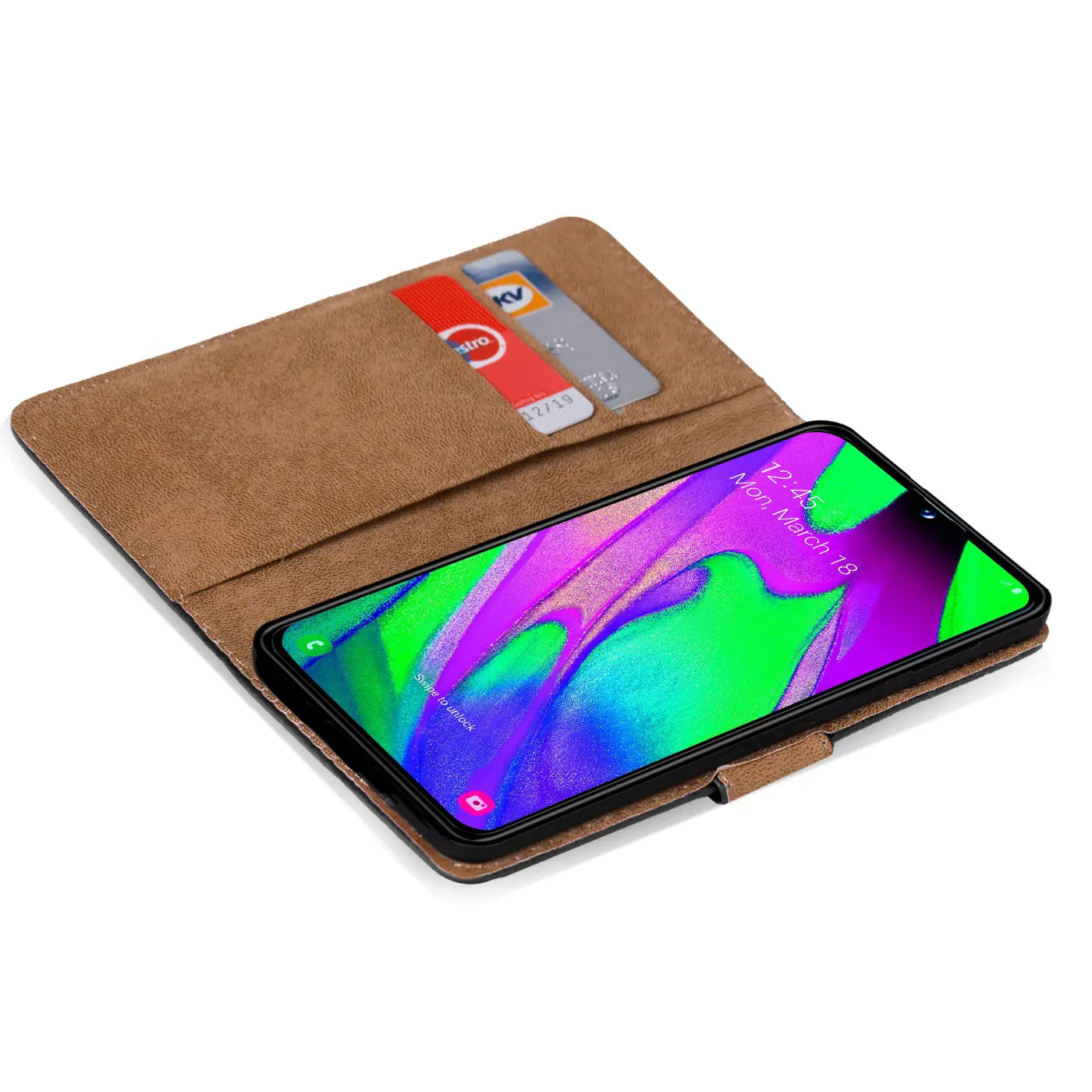 Braune Kunstleder-Klapphülle mit Kartenfächern für Samsung Galaxy A40, von oben.