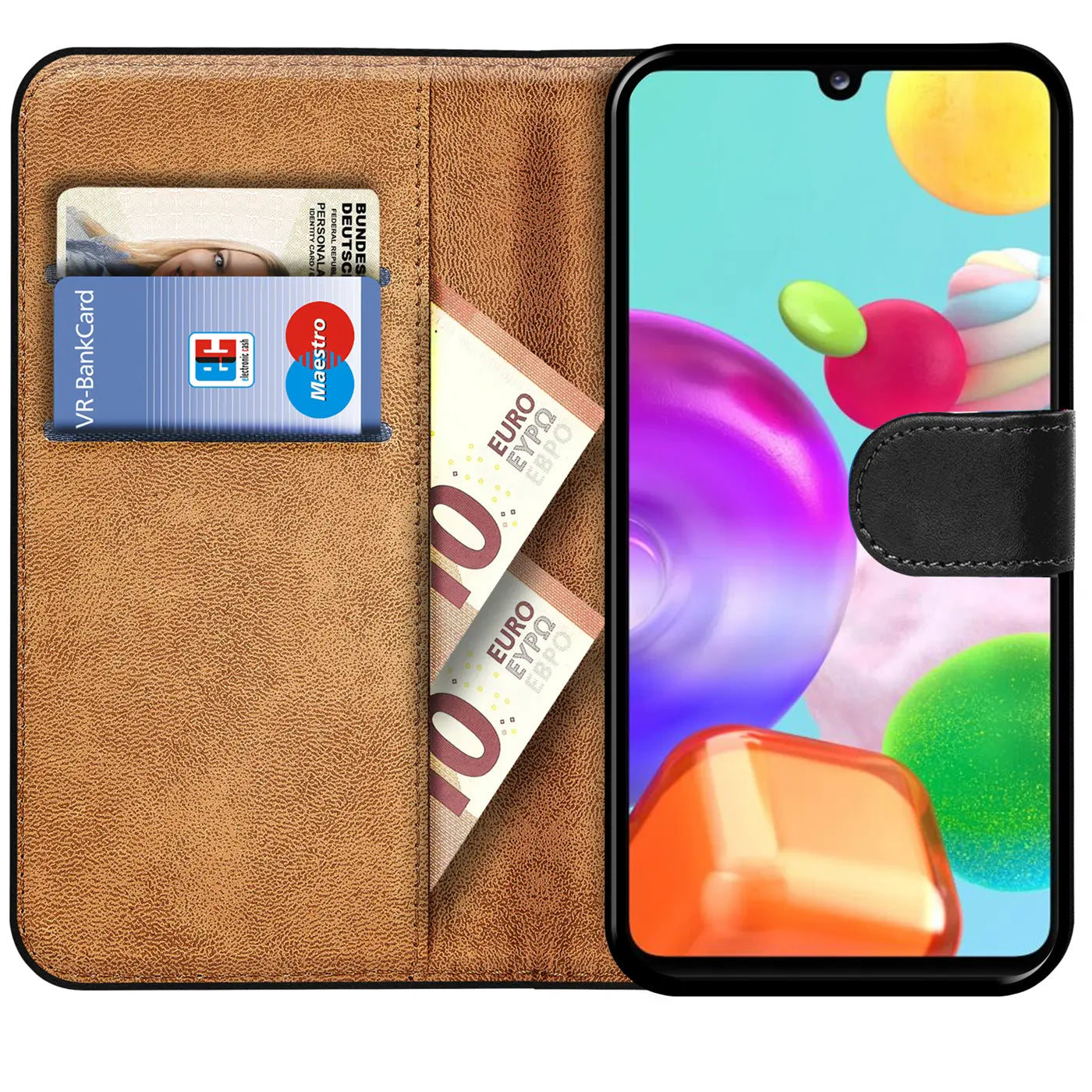 Braun lederne Klapphülle mit Kartenfächern, Samsung Galaxy A41, von vorn