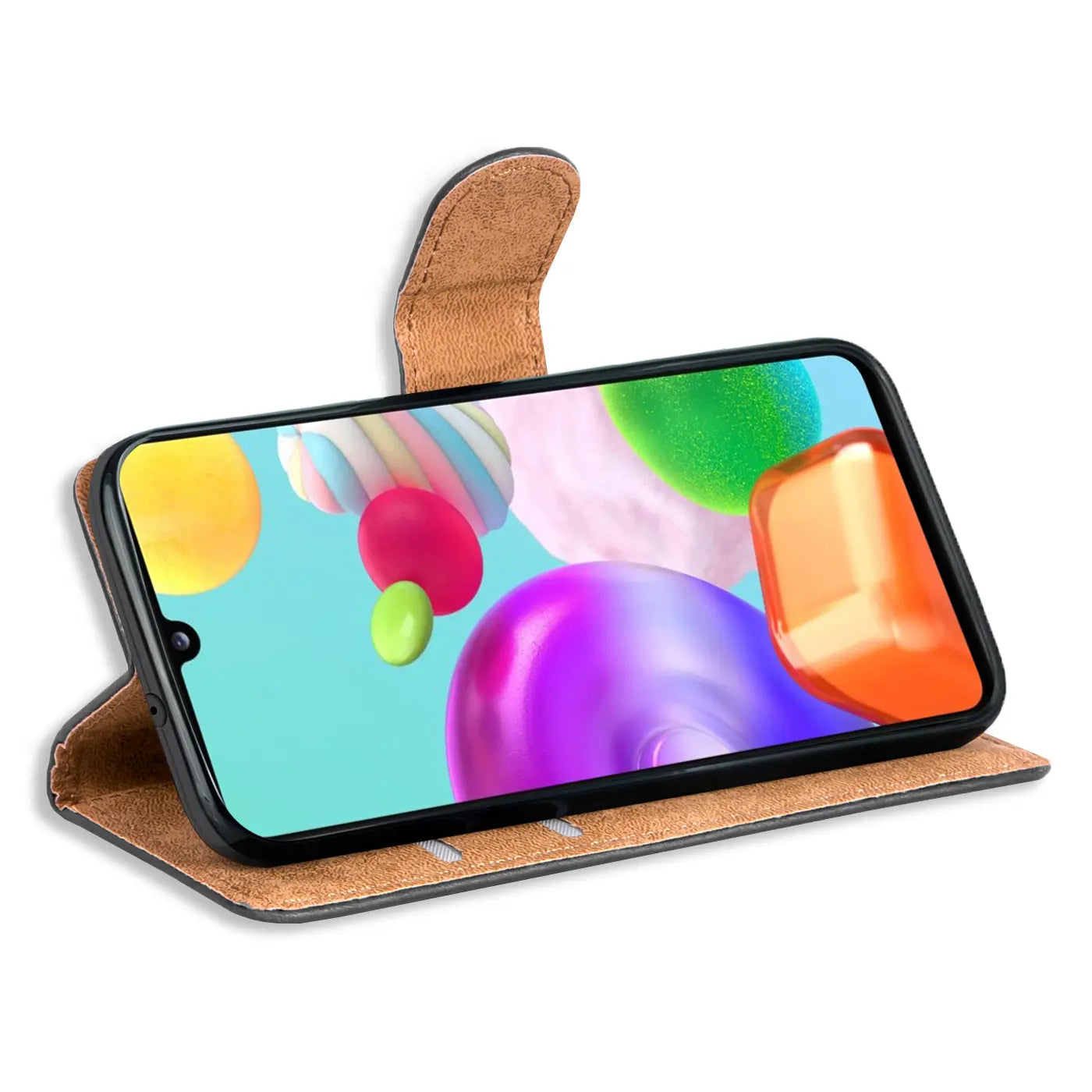 Braunes Kunstleder-Klappcover mit Kartenfächern, Samsung Galaxy A41, von vorne