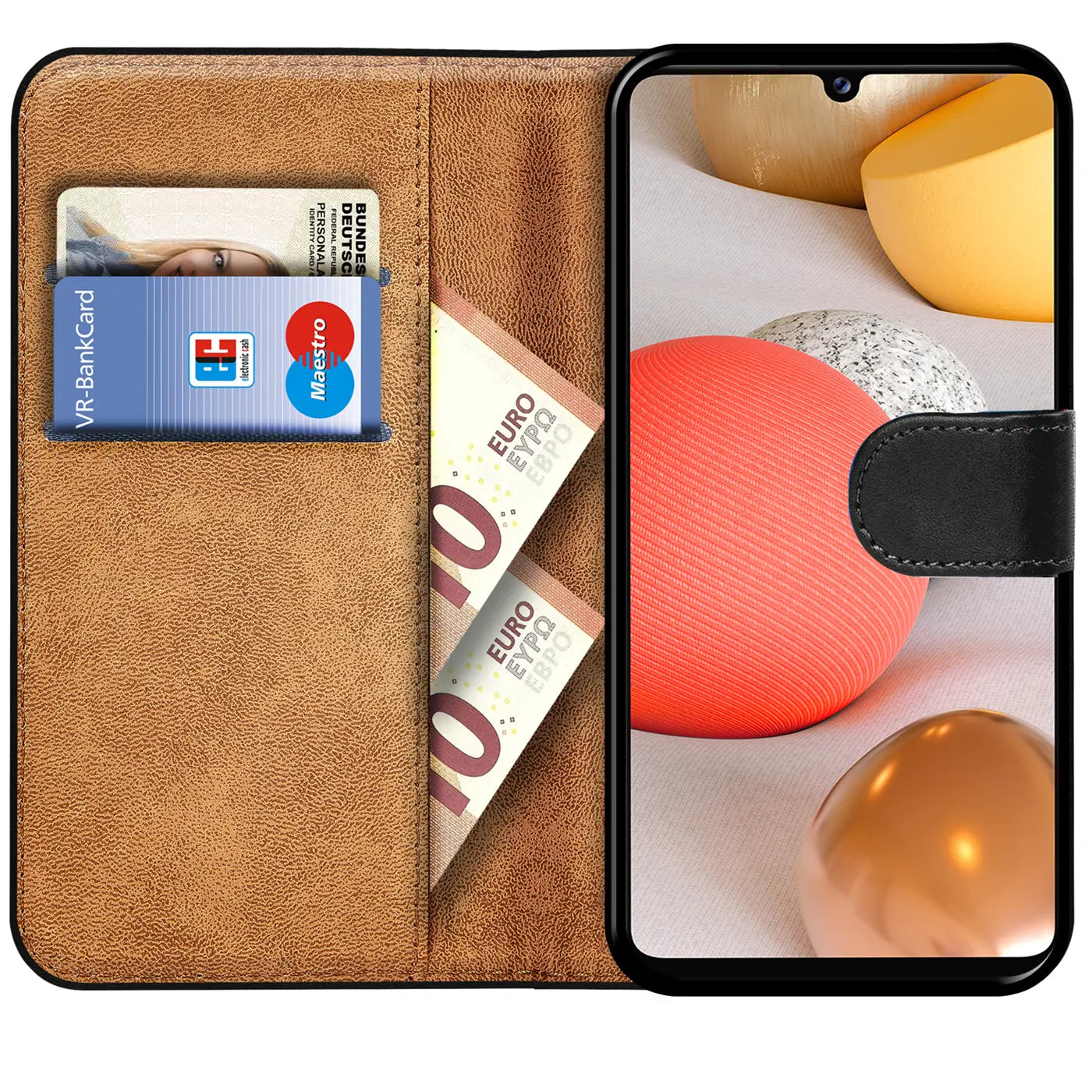 Braune Kunstleder-Klapphülle mit Kartenfächern, zeigt Samsung Galaxy A42 5G.