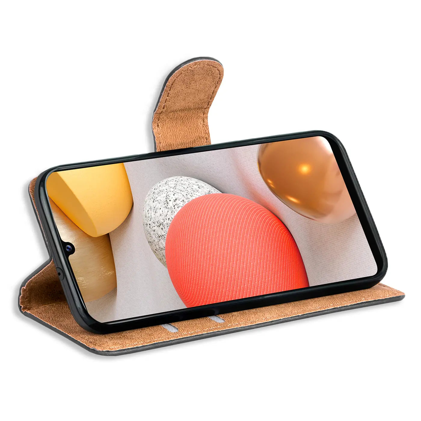 Braune Kunstleder-Klapphülle mit Kartenfächern, seitliche Ansicht, zeigt Samsung Galaxy A42 5G.