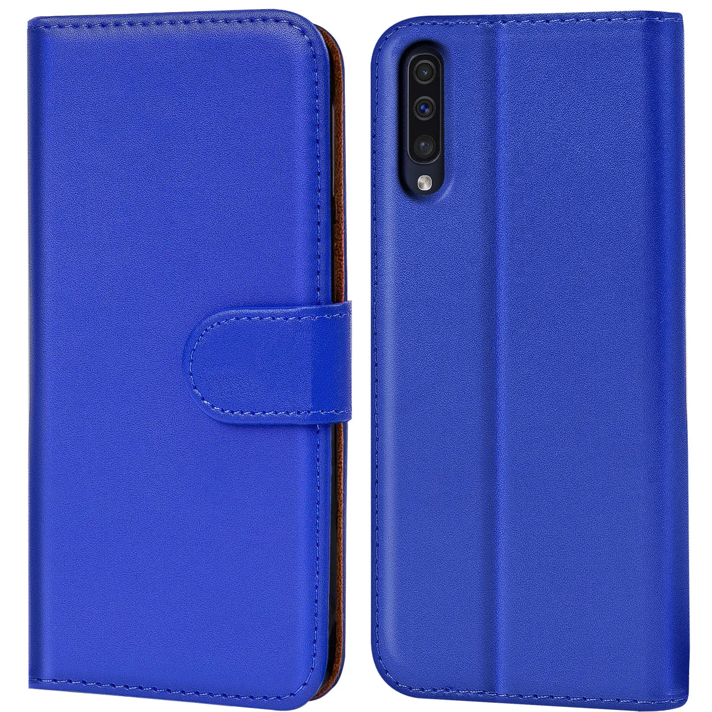 Blaue Kunstleder-Klapphülle mit Kartenfächern, Vorder- und Rückansicht, Samsung Galaxy A50/A30s.