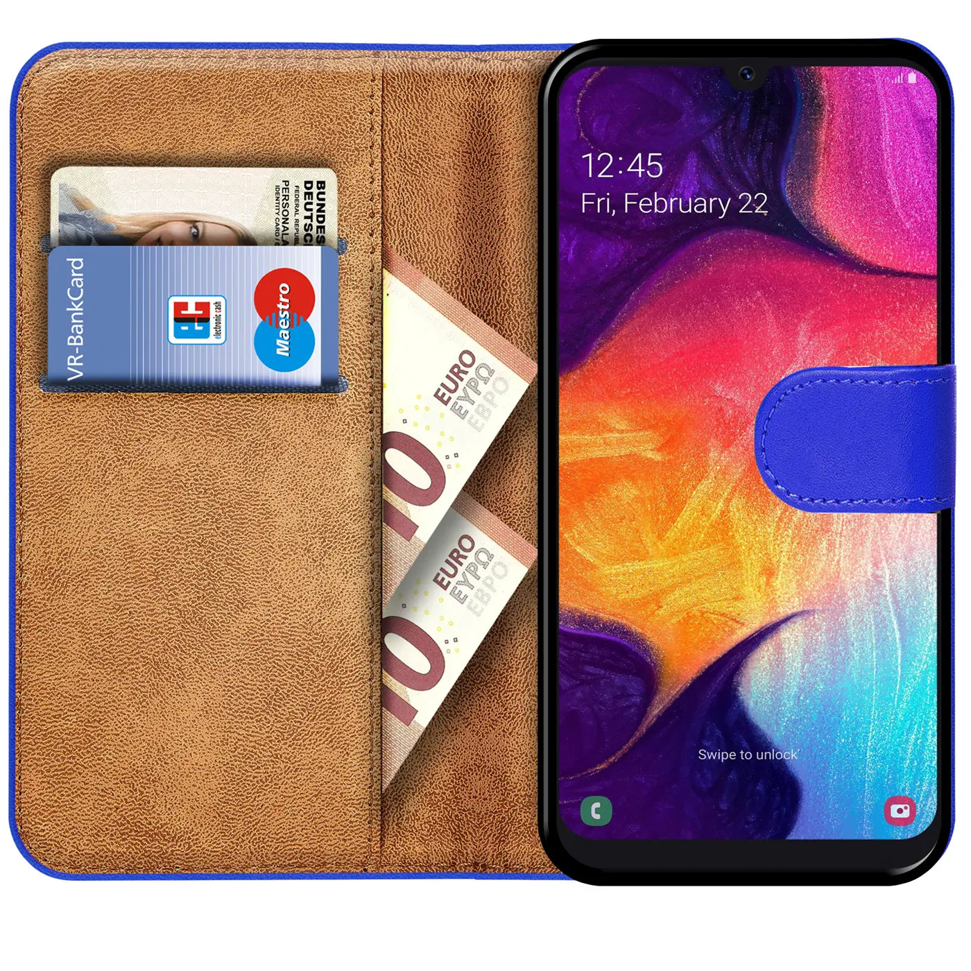Blaue Kunstleder-Klapphülle mit Kartenfächern und Geldscheinfach, zeigt Samsung Galaxy A50/A30s.