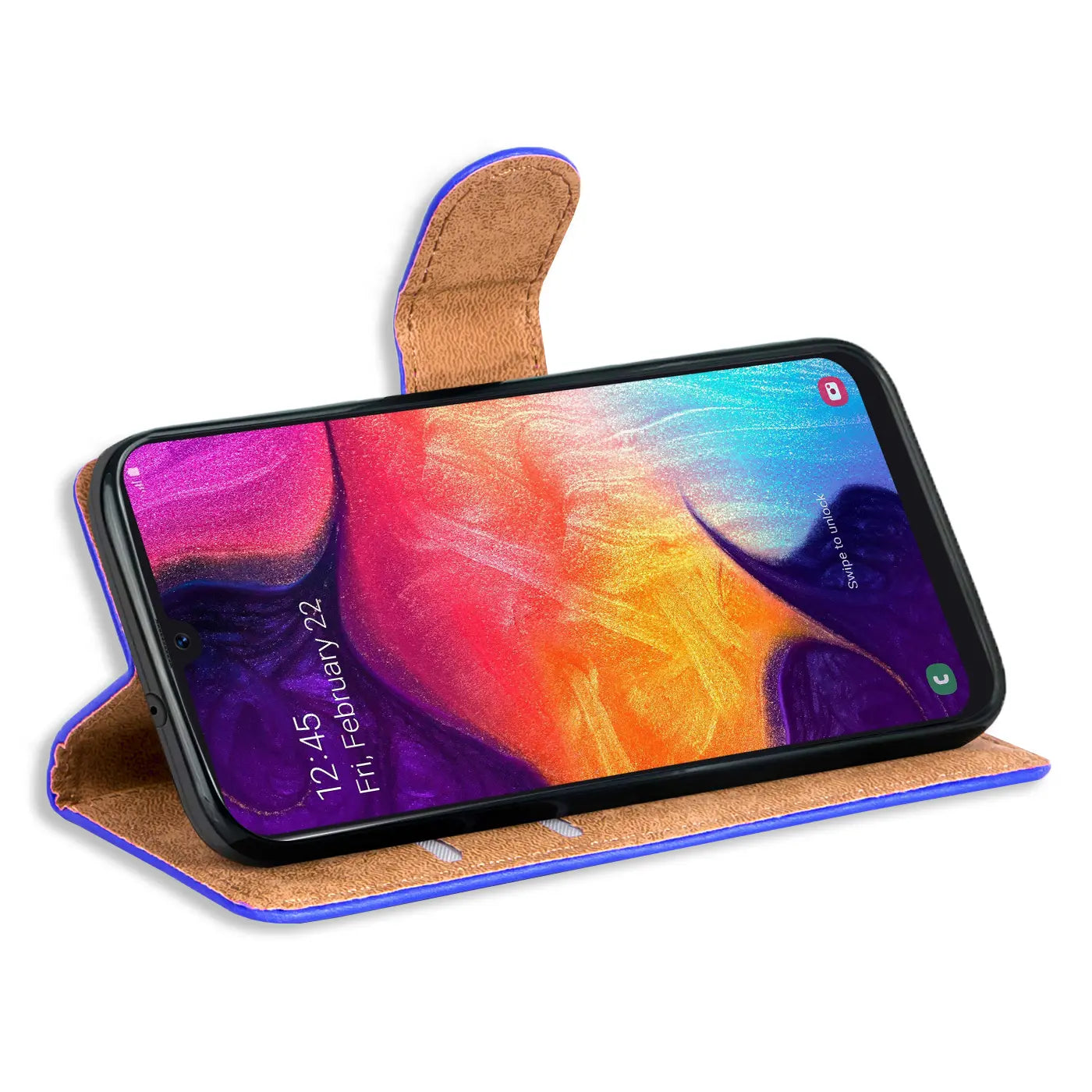 Blaue Kunstleder-Klapphülle mit braunem Innenfutter, zeigt Samsung Galaxy A50/A30s.