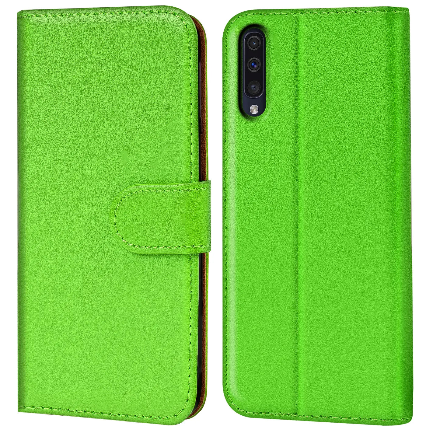 Grüne Kunstleder-Klapphülle mit Kartenfächern, Vorder- und Rückansicht, Samsung Galaxy A50/A30s.