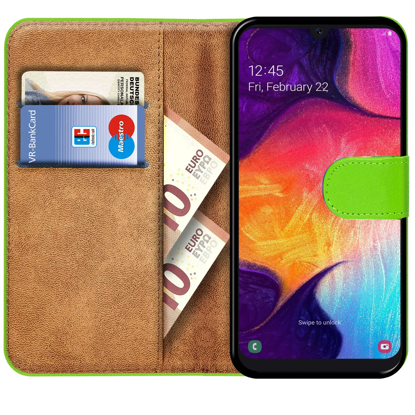 Grüne Kunstleder-Klapphülle mit Kartenfächern, zeigt Samsung Galaxy A50/A30s.