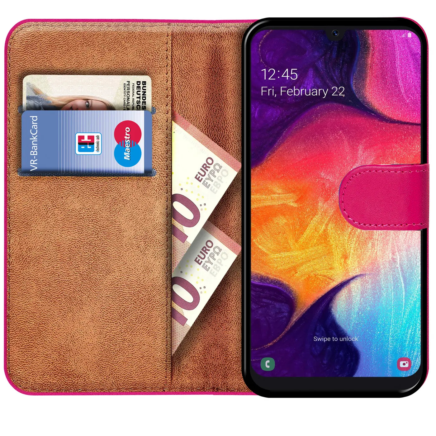 Pink Kunstleder Klapphülle mit Kartenfächern und Euro-Scheinen, Samsung Galaxy A50/A30s.