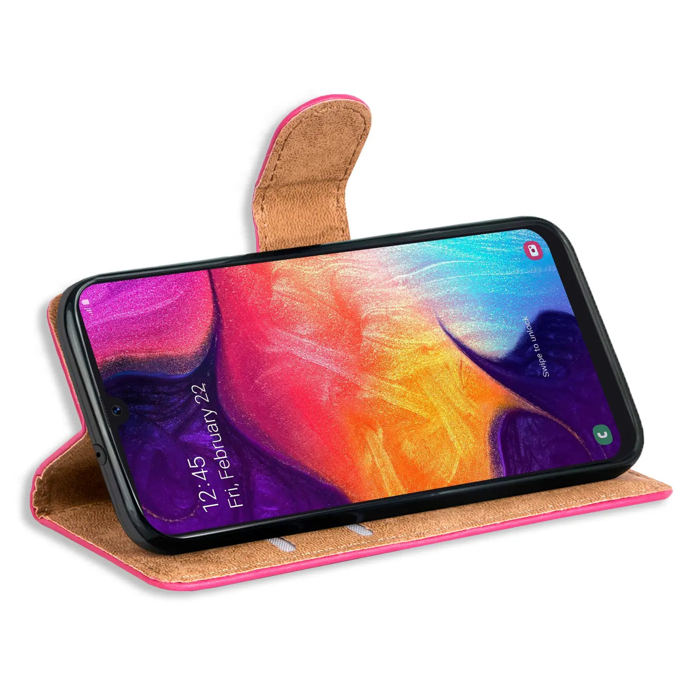 Rosa Klapphülle aus Kunstleder mit Kartenfächern, Samsung Galaxy A50/A30s, von vorne schräg