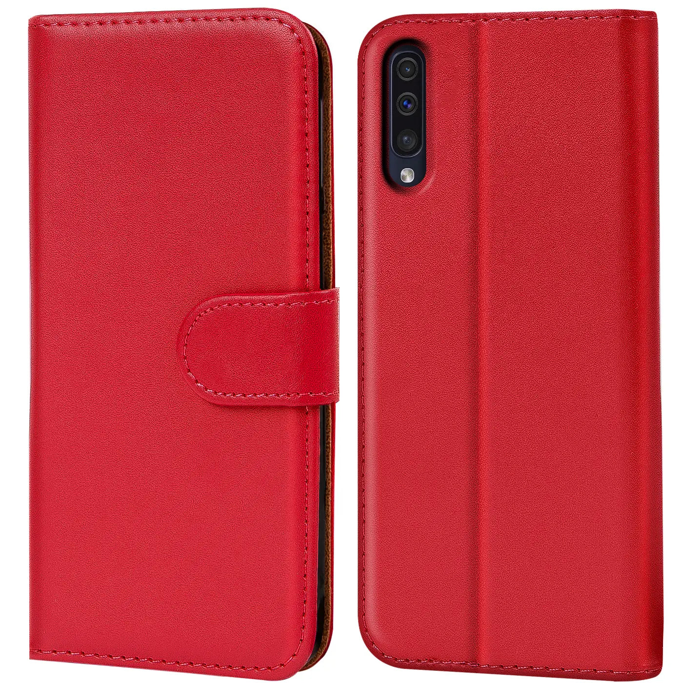 Rote Kunstleder-Klapphülle mit Kartenfächern, Vorder- und Rückansicht, Samsung Galaxy A50/A30s.