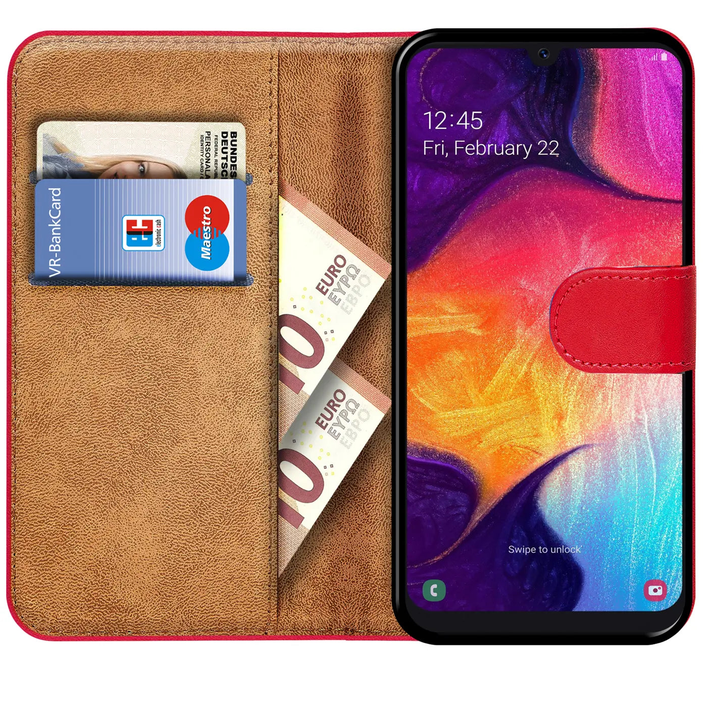 Rote Klapphülle aus Kunstleder mit Kartenfächern, zeigt Samsung Galaxy A50/A30s.