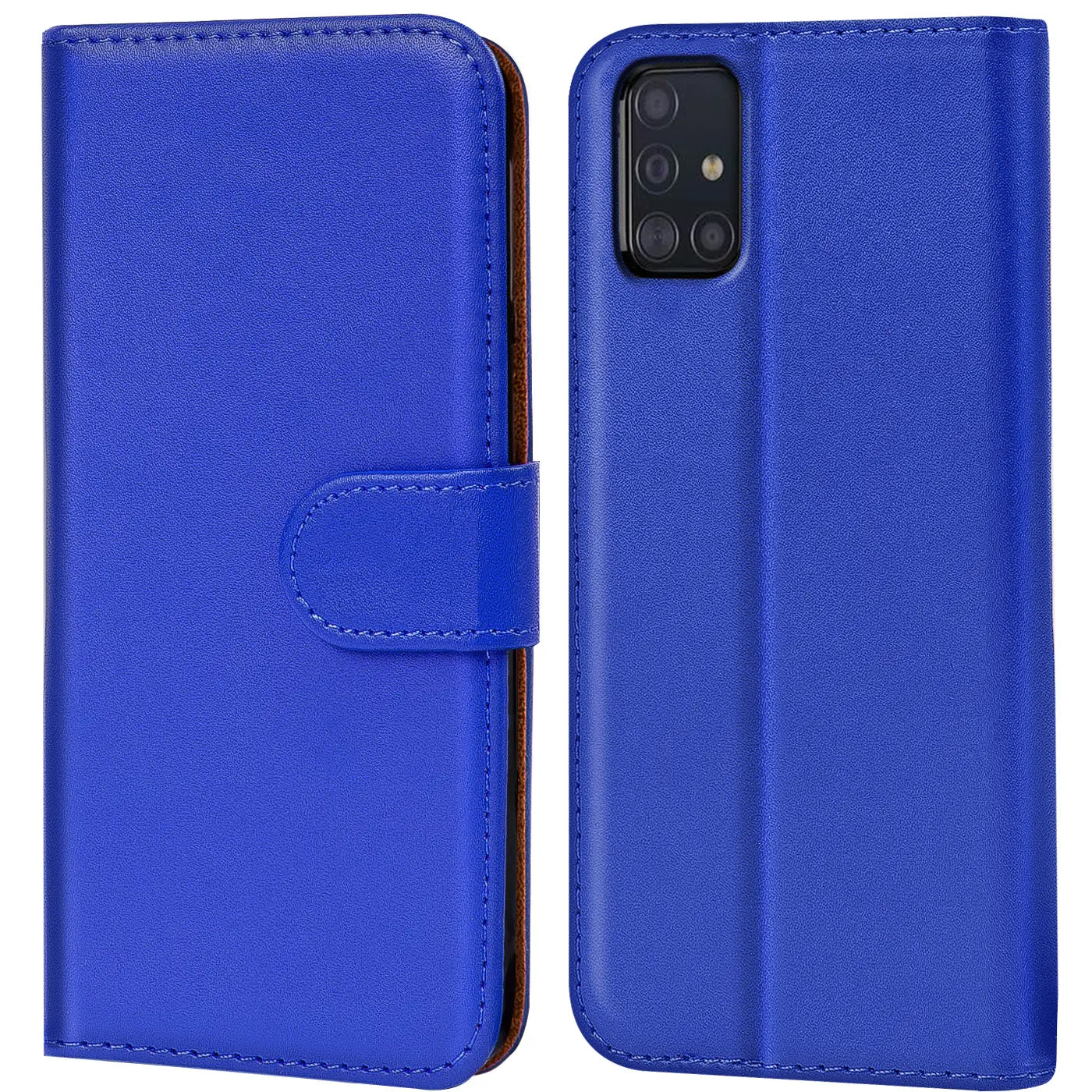 Blaue Kunstleder-Klapphülle für Samsung Galaxy A51, Vorder- und Rückansicht