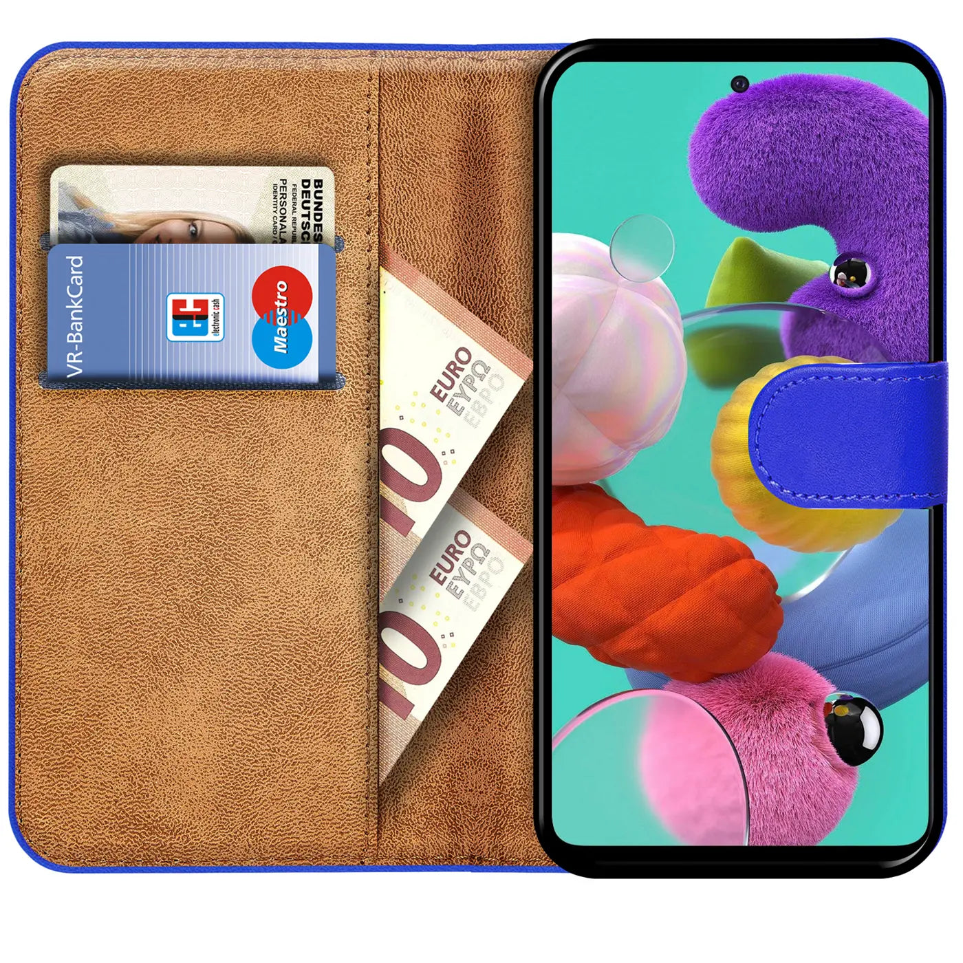 Braune Kunstleder-Klapphülle mit Kartenfächern, zeigt Samsung Galaxy A51.