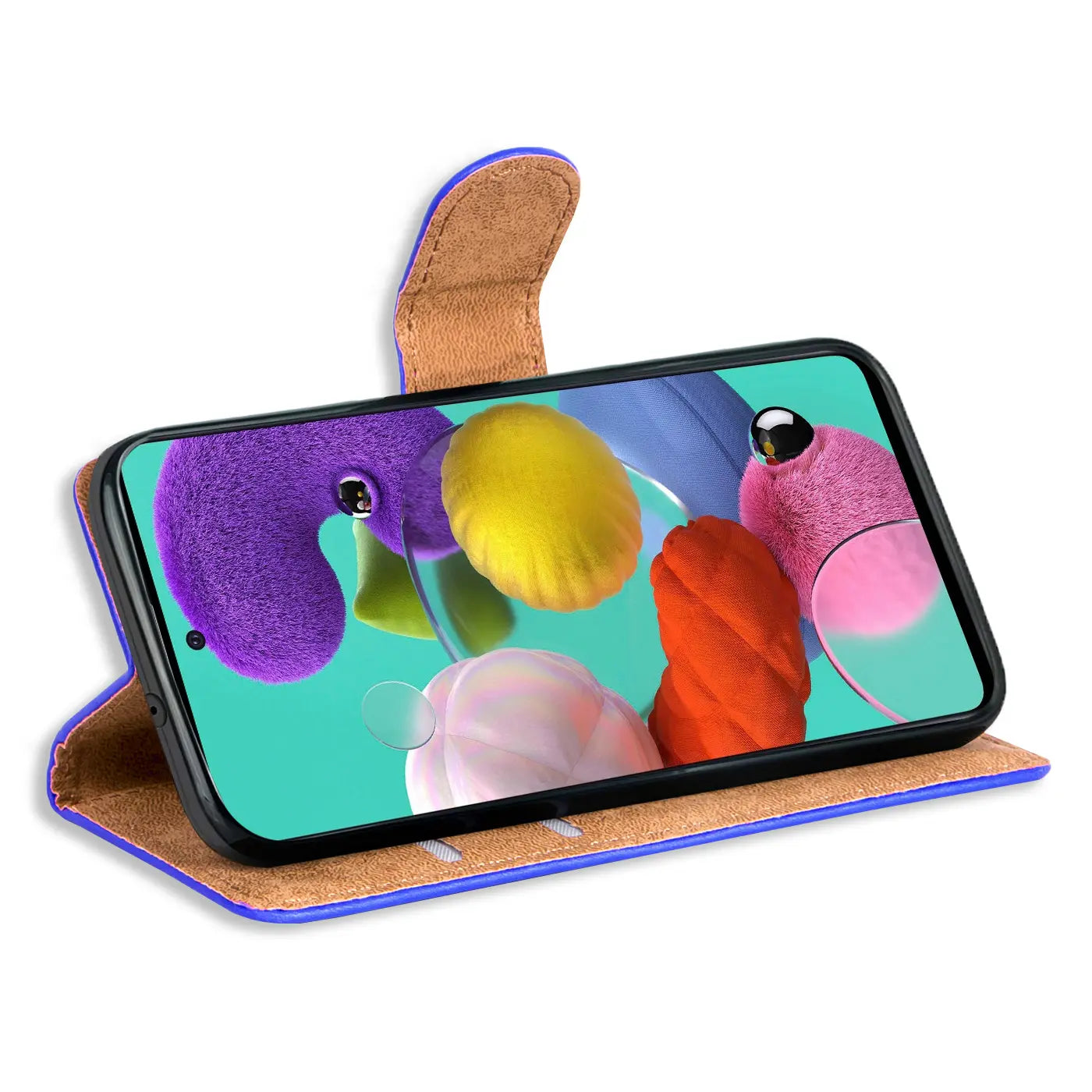 Blaue Klapphülle aus Kunstleder mit braunem Innenfutter, Samsung Galaxy A51, von vorne