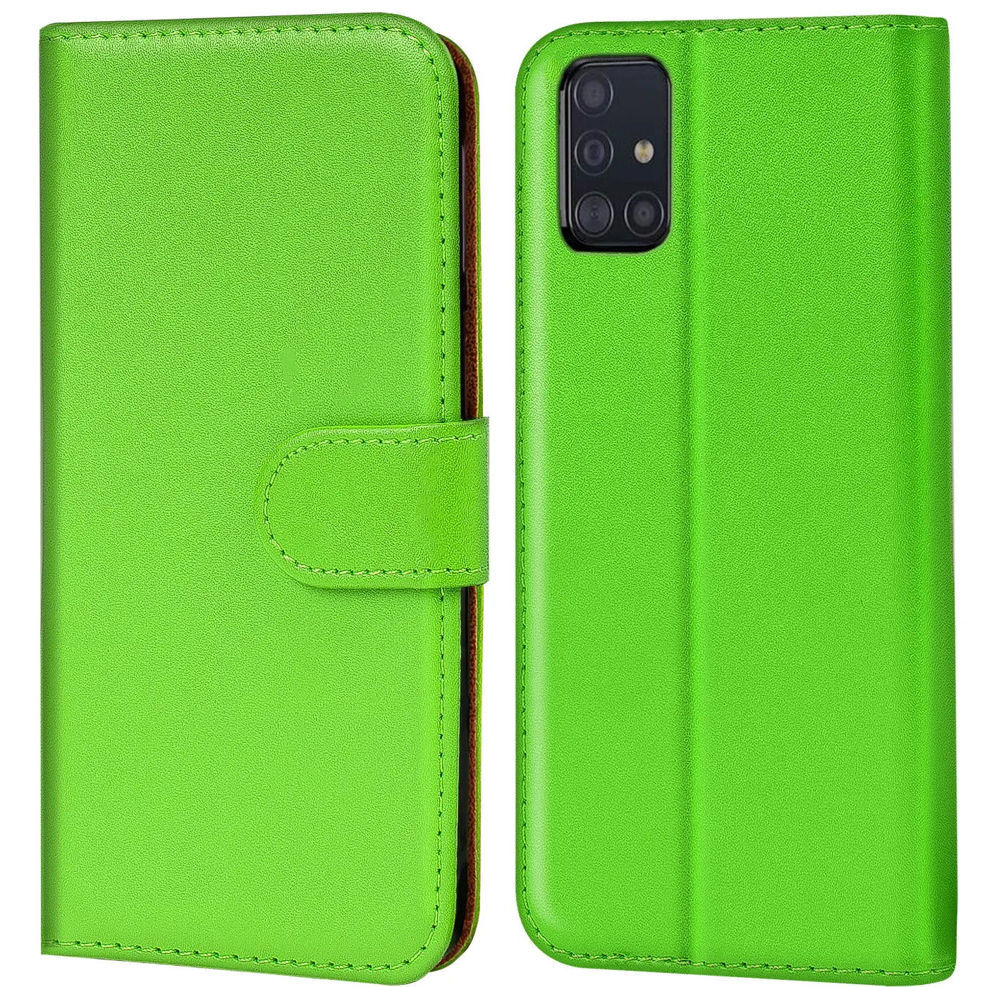 Grüne Kunstleder-Klapphülle mit Kartenfächern, Vorder- und Rückansicht, für Samsung Galaxy A51.