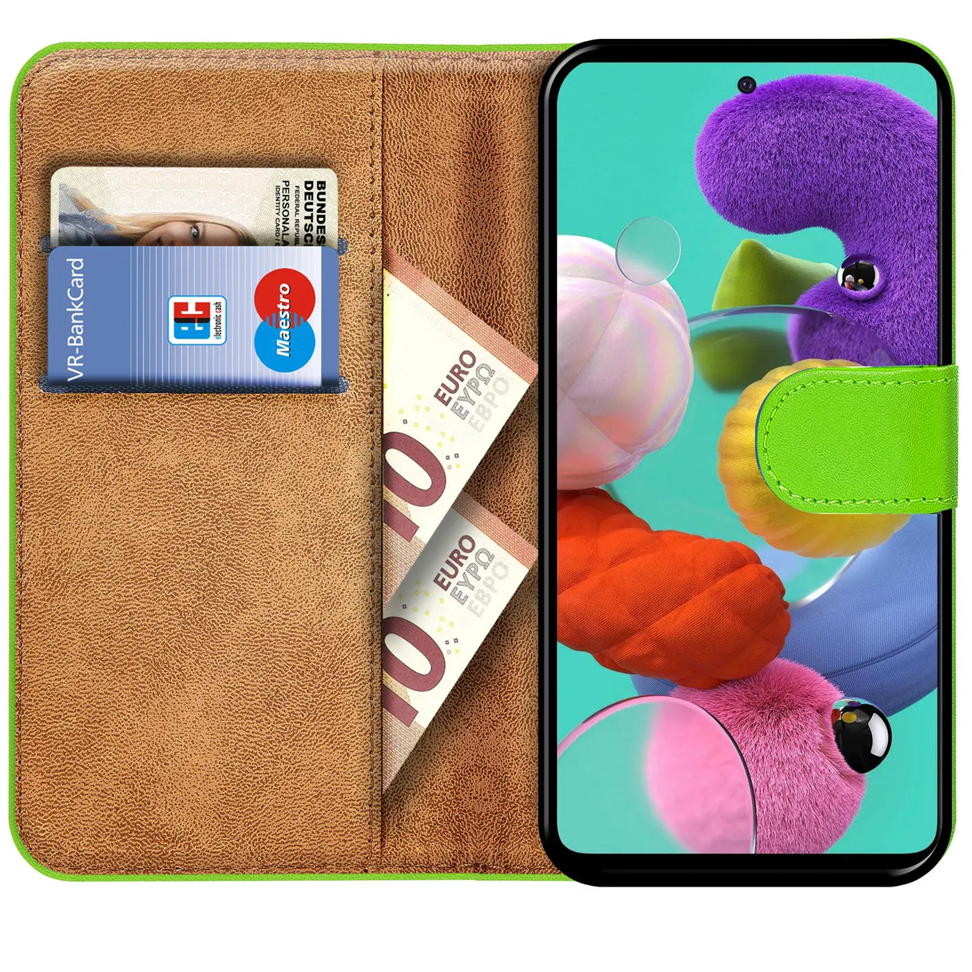 Grüne Kunstleder-Klapphülle mit Kartenfächern und Samsung Galaxy A51.