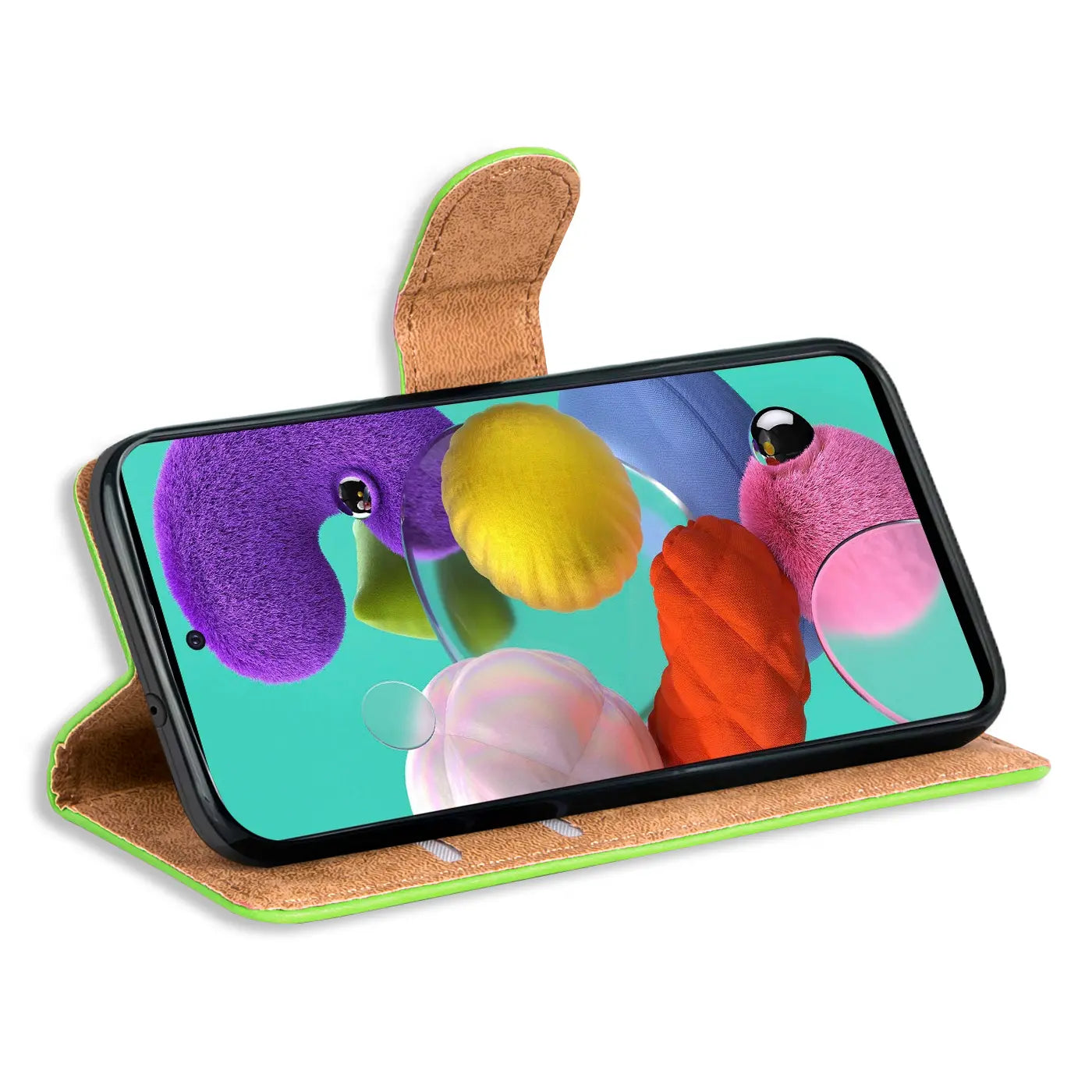Grüne Kunstleder-Klapphülle mit braunem Verschluss, Samsung Galaxy A51 von vorne