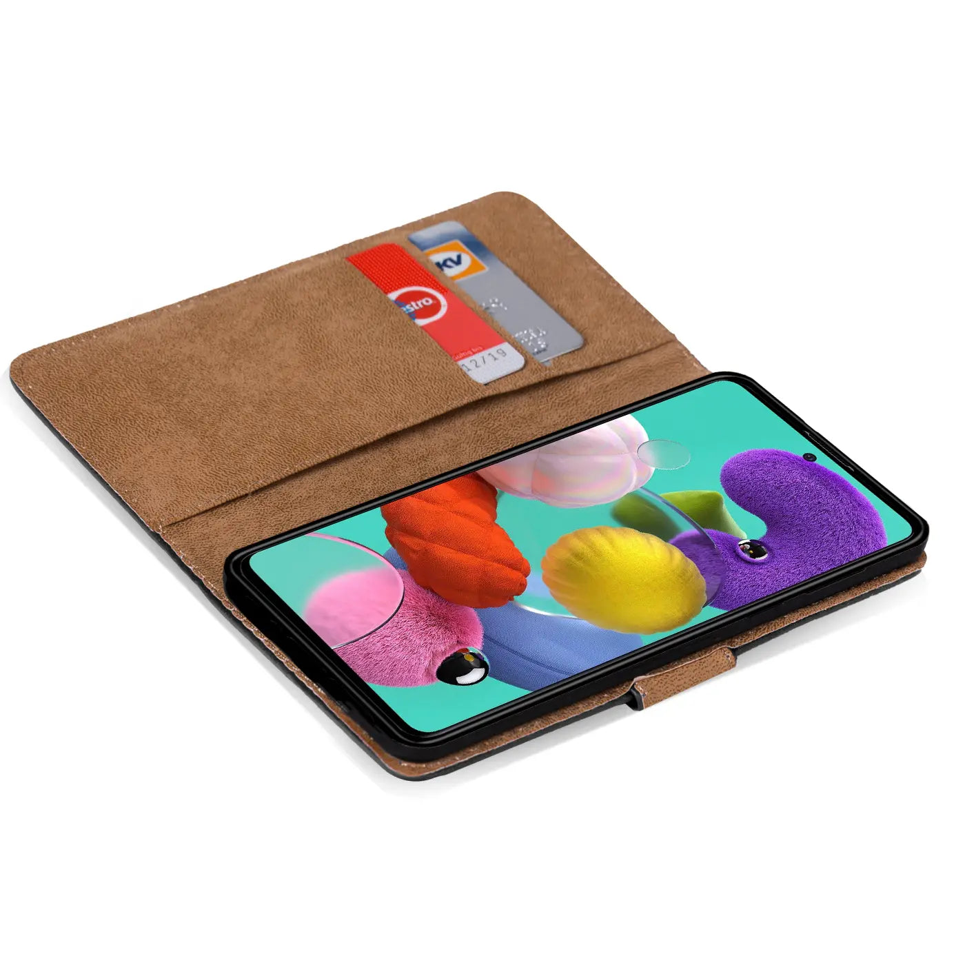 Braune Kunstleder-Klapphülle mit Kartenfächern, Samsung Galaxy A51, von oben
