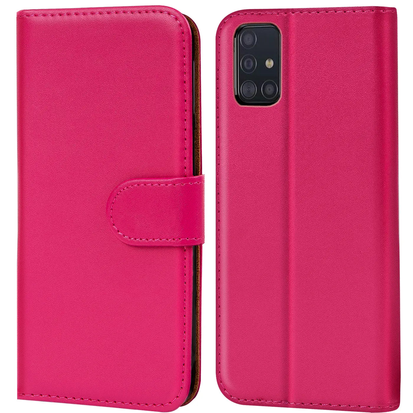 Pink Kunstleder-Klapphülle für Samsung Galaxy A51, Vorder- und Rückansicht.