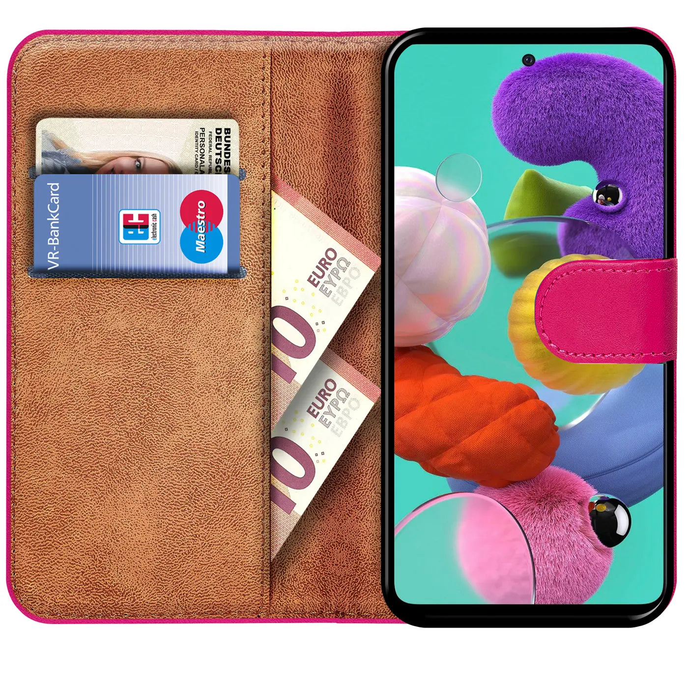 Braune Kunstleder-Klapphülle mit Kartenfächern, zeigt Samsung Galaxy A51.