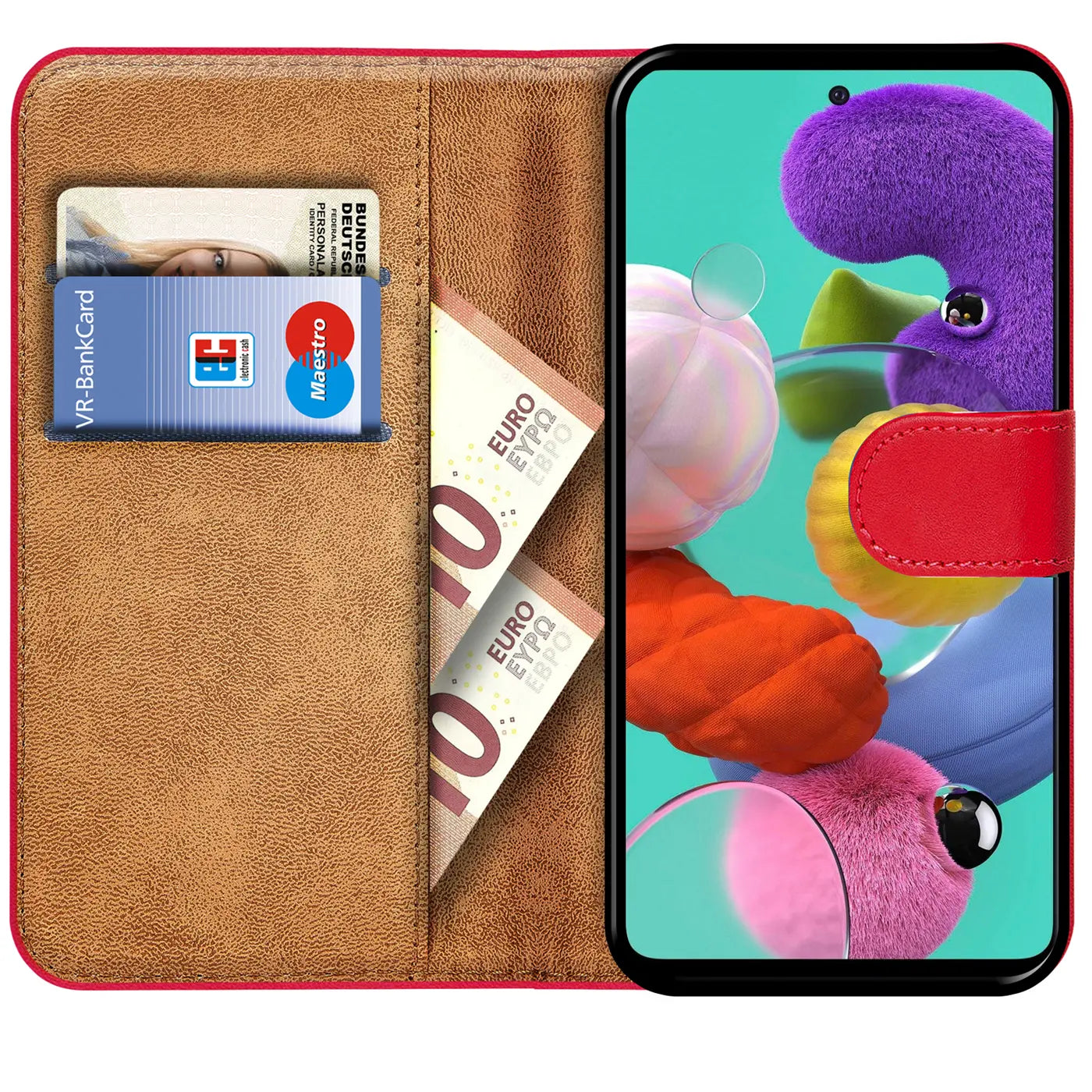 Rote Kunstleder-Klapphülle mit Kartenfächern, zeigt Samsung Galaxy A51.