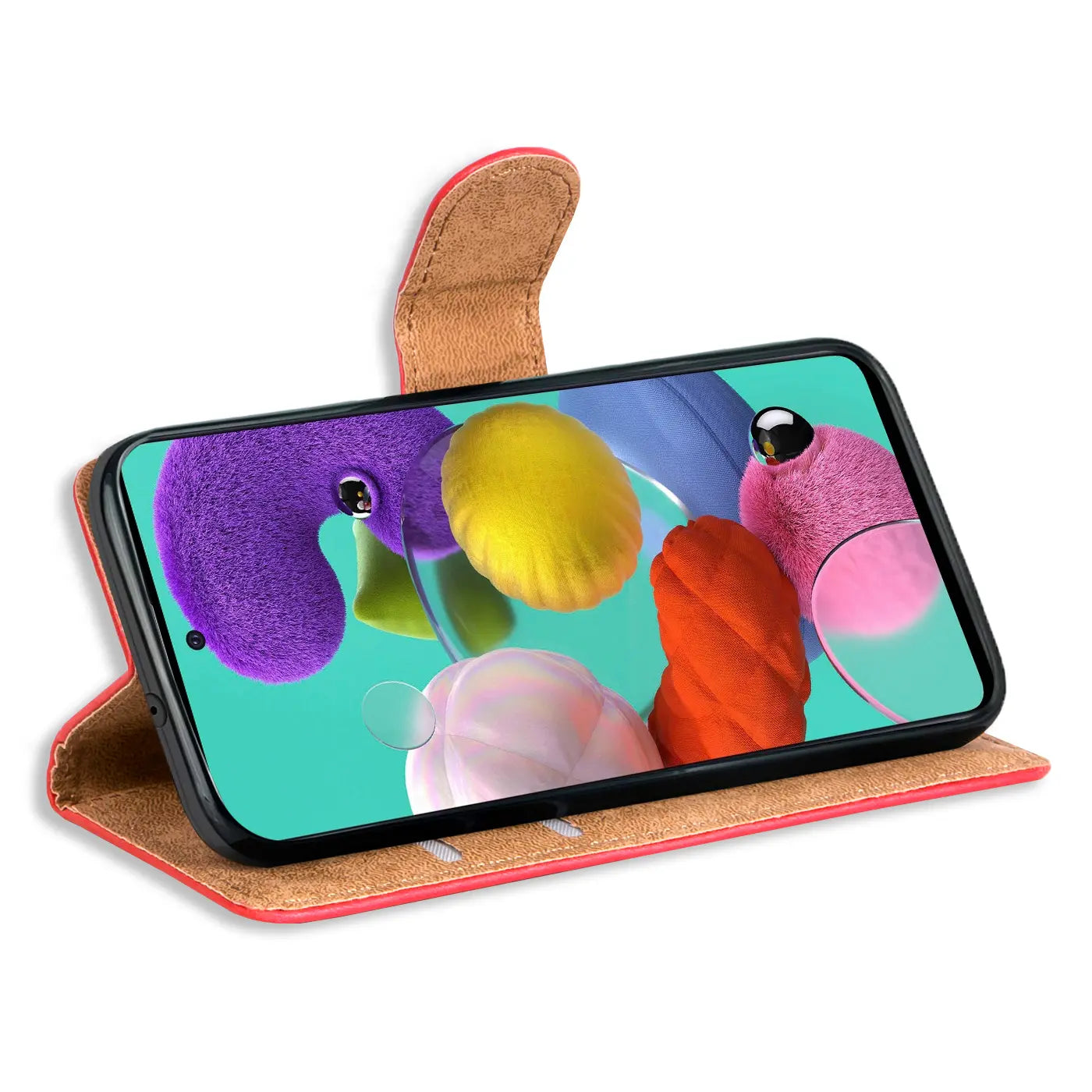 Rote Klapphülle aus Leder mit Kartenfächern, Samsung Galaxy A51, von vorne schräg