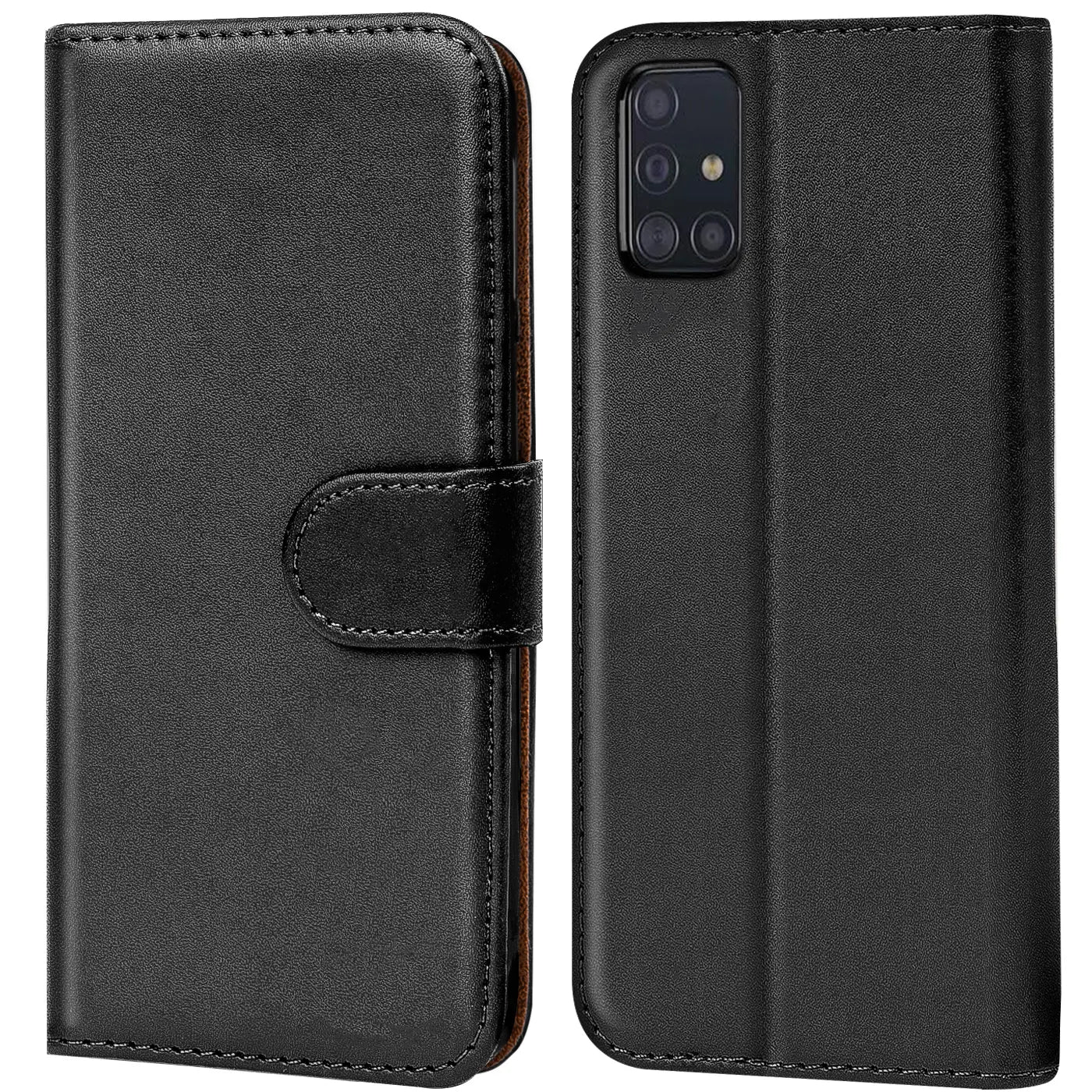 Schwarze Leder-Klapphülle mit Kartenfächern, Vorder- und Rückansicht, für Samsung Galaxy A51.