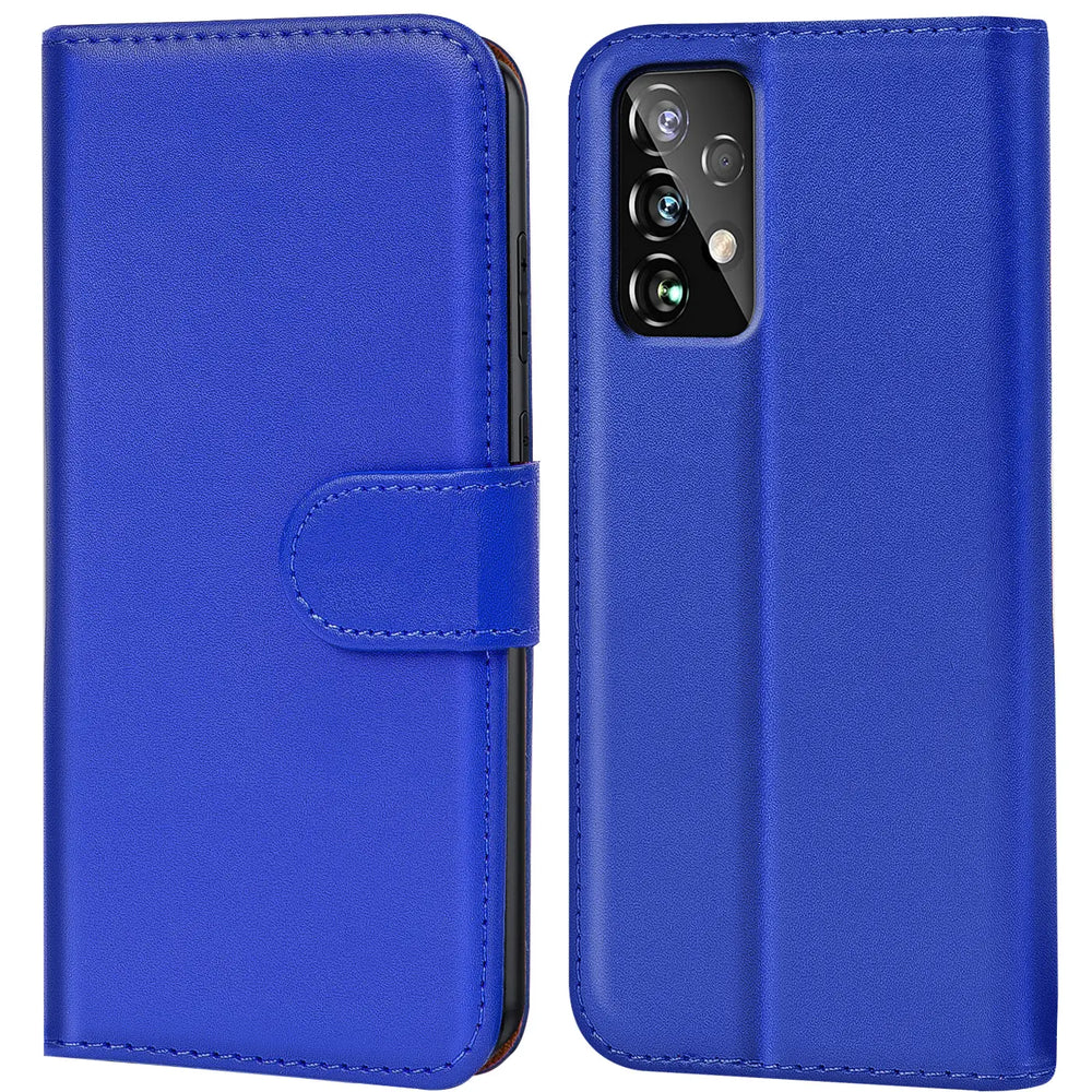 Blaue Kunstleder-Klapphülle, Vorder- und Rückansicht, mit Samsung Galaxy A52 Kameras.